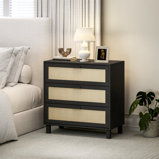 HOMCOM Rattan Bedroom Chest Of Drawers 3 Drawers Storage Unit Boho Dresser For Living Room Hallway Black