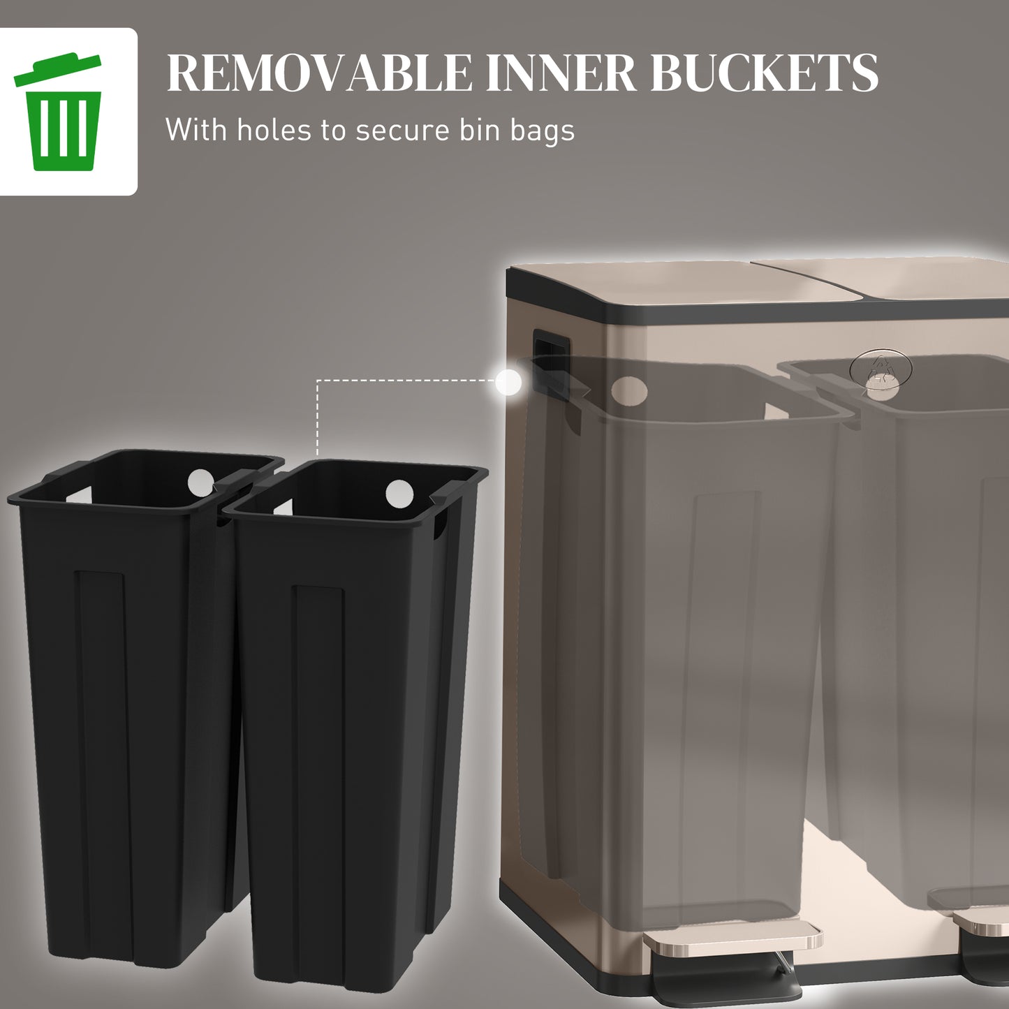 HOMCOM 40L Dual Compartment Stainless Steel Bin With Deodoriser Holders Gold Tone