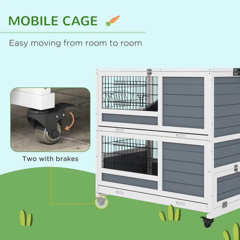 PawHut Grey Double Decker Guinea Pig Cage - Indoor Rabbit Hutch with Feeding Trough, Trays, Ramps, and Openable Top - ALL4U RETAILER LTD