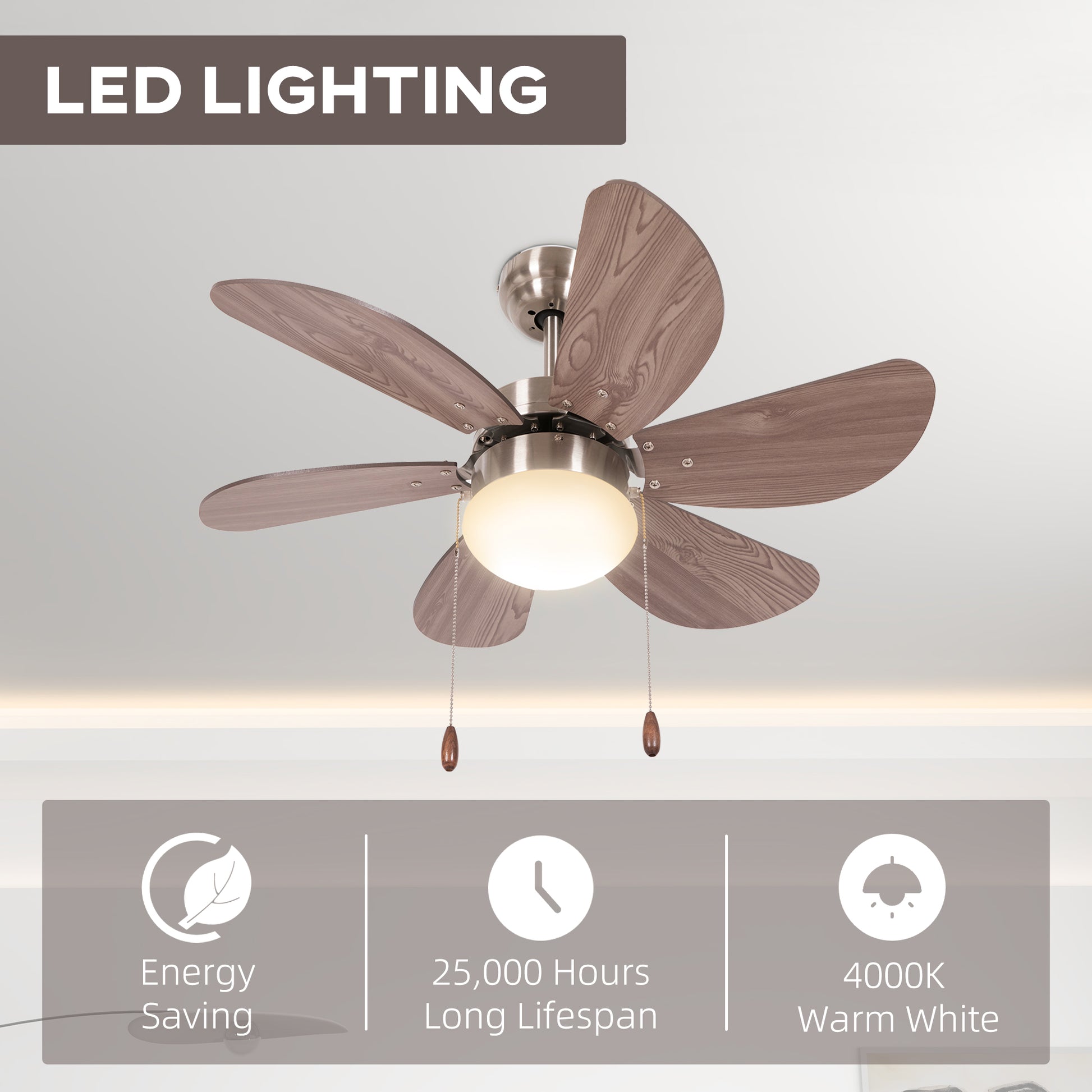 HOMCOM Walnut Brown Flush Mount Ceiling Fan with LED Light and Reversible Blades - ALL4U RETAILER LTD