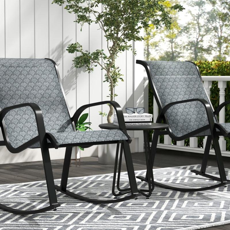 Outsunny 3 Piece Outdoor Rocking Set with 2 Armchairs and Metal Top Coffee Table - Patio Bistro Set with Curved Armrests - Breathable Mesh Fabric Seat for Garden, Deck - Mixed Grey. - ALL4U RETAILER LTD