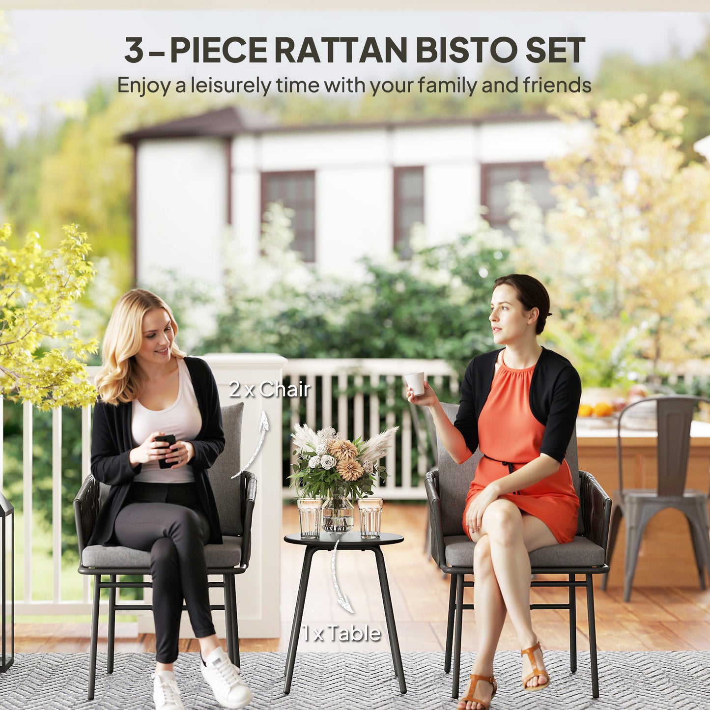 Outsunny 3 Piece Rattan Bistro Set With Table And Chairs And 4 Cushions For Balcony Porch Terrace Garden Grey