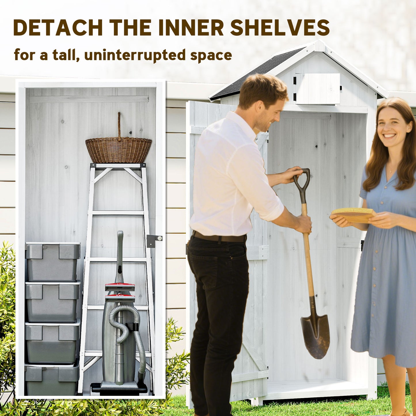 Outsunny Tall Slim Wooden Garden Shed With 3 Removable Shelves And Roof Hatch Outdoor Tool Storage Cabinet Light Grey