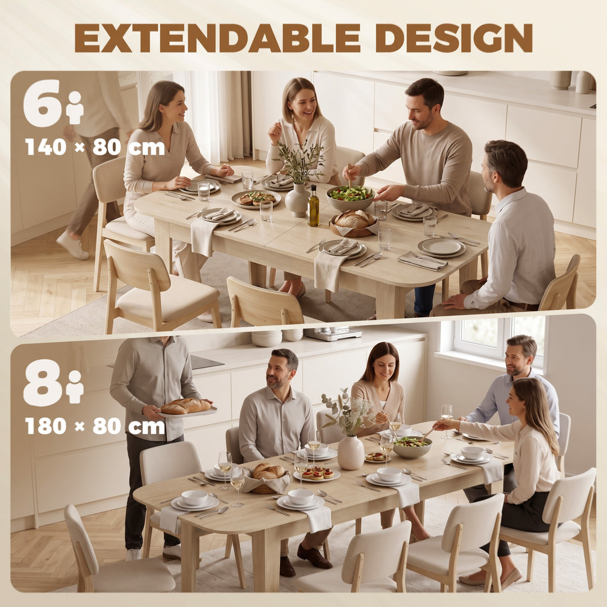 Extendable oval dining table design showing two sizes for 6 and 8 seating
