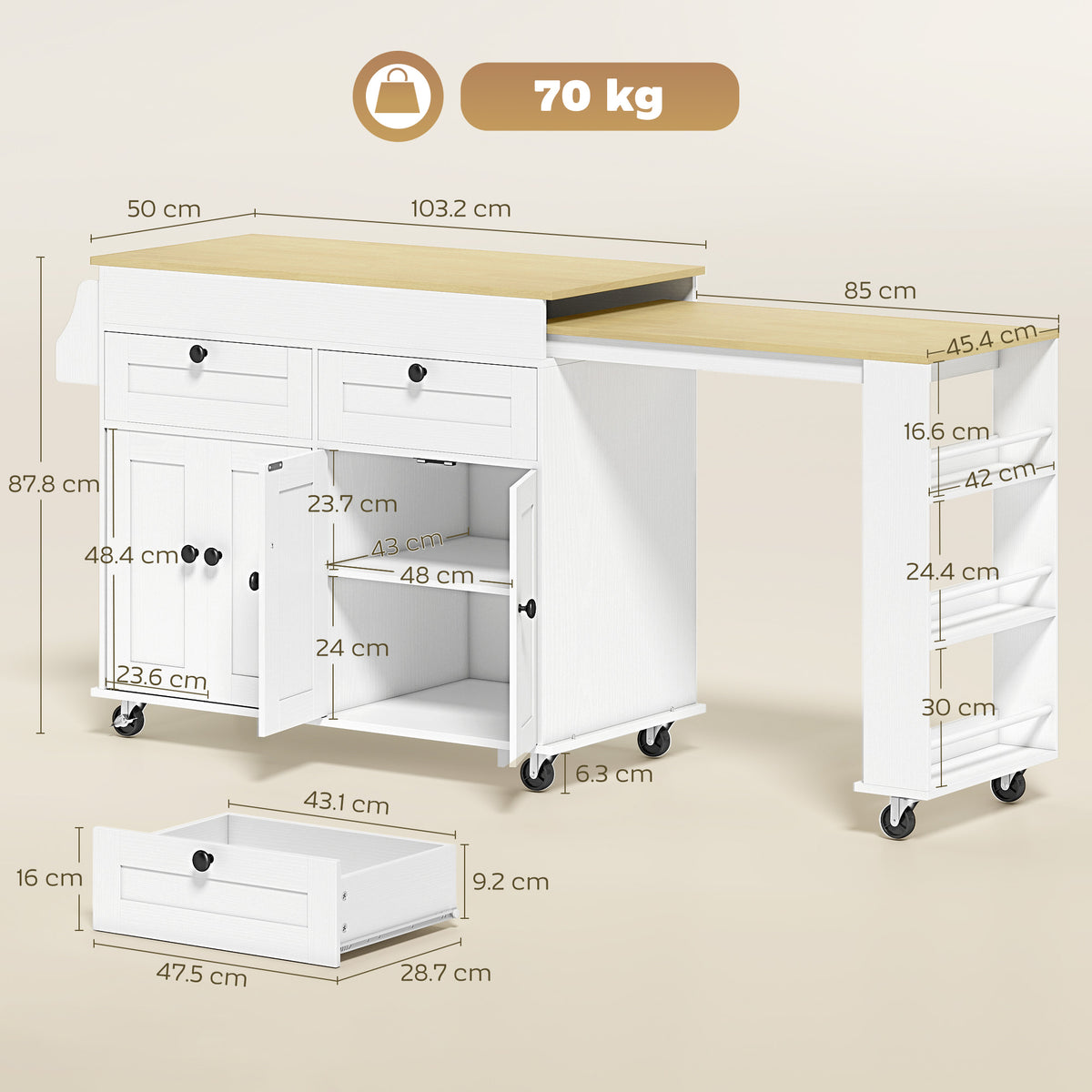 Kitchen island size diagram showing white base and light wood countertop on caster wheels.