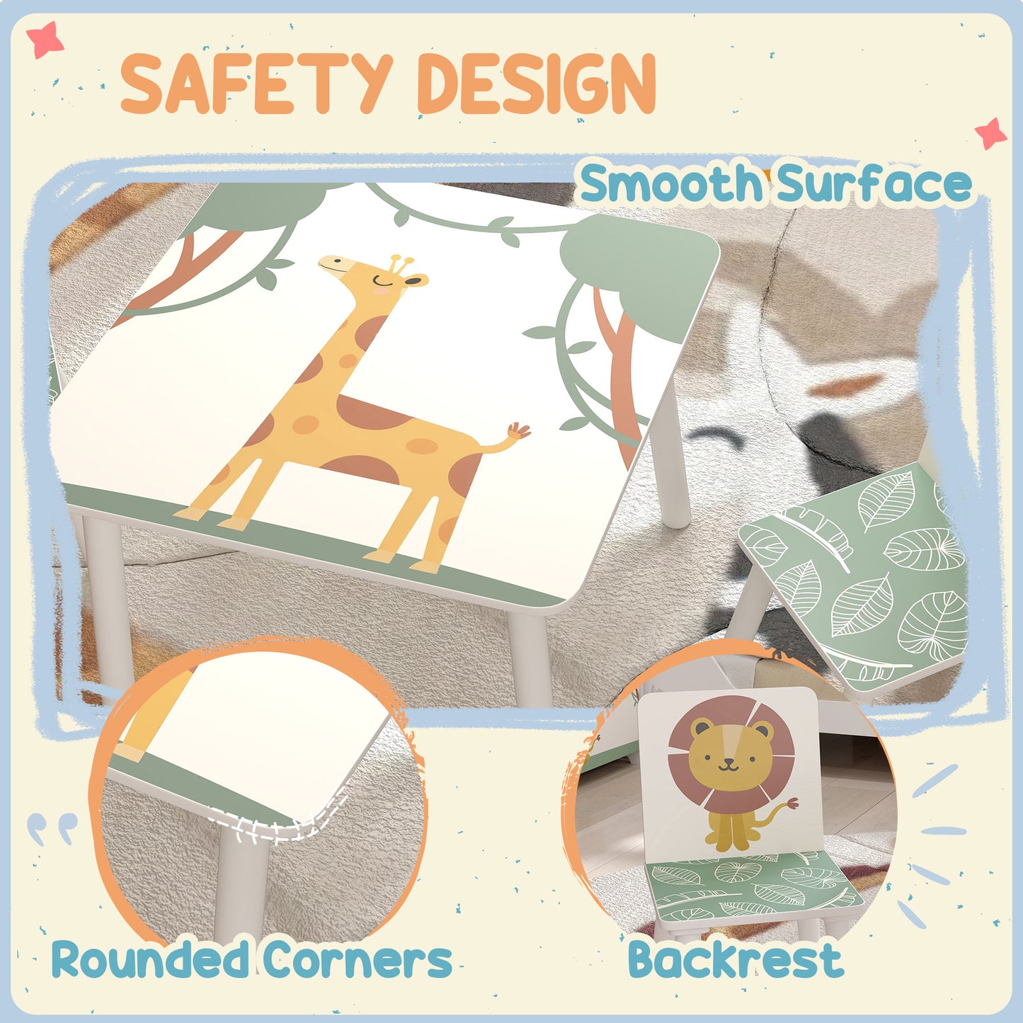 AIYAPLAY 3 Piece Toddler Table and Chair Set with 2 Chairs Green Animal Print Safe Edges for Playroom