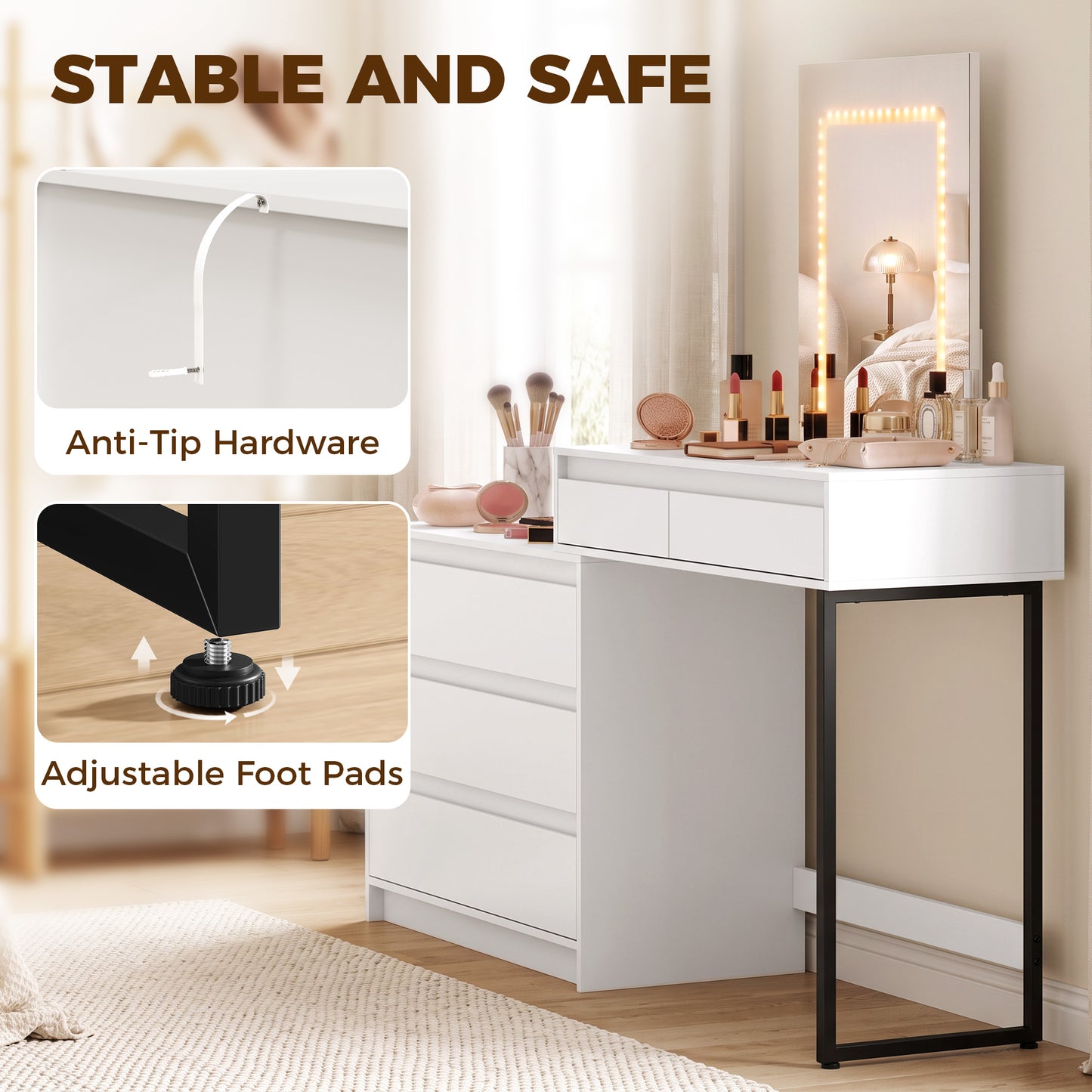 HOMCOM White Vanity Makeup Desk With Three Colour LED Mirror And Five Drawers