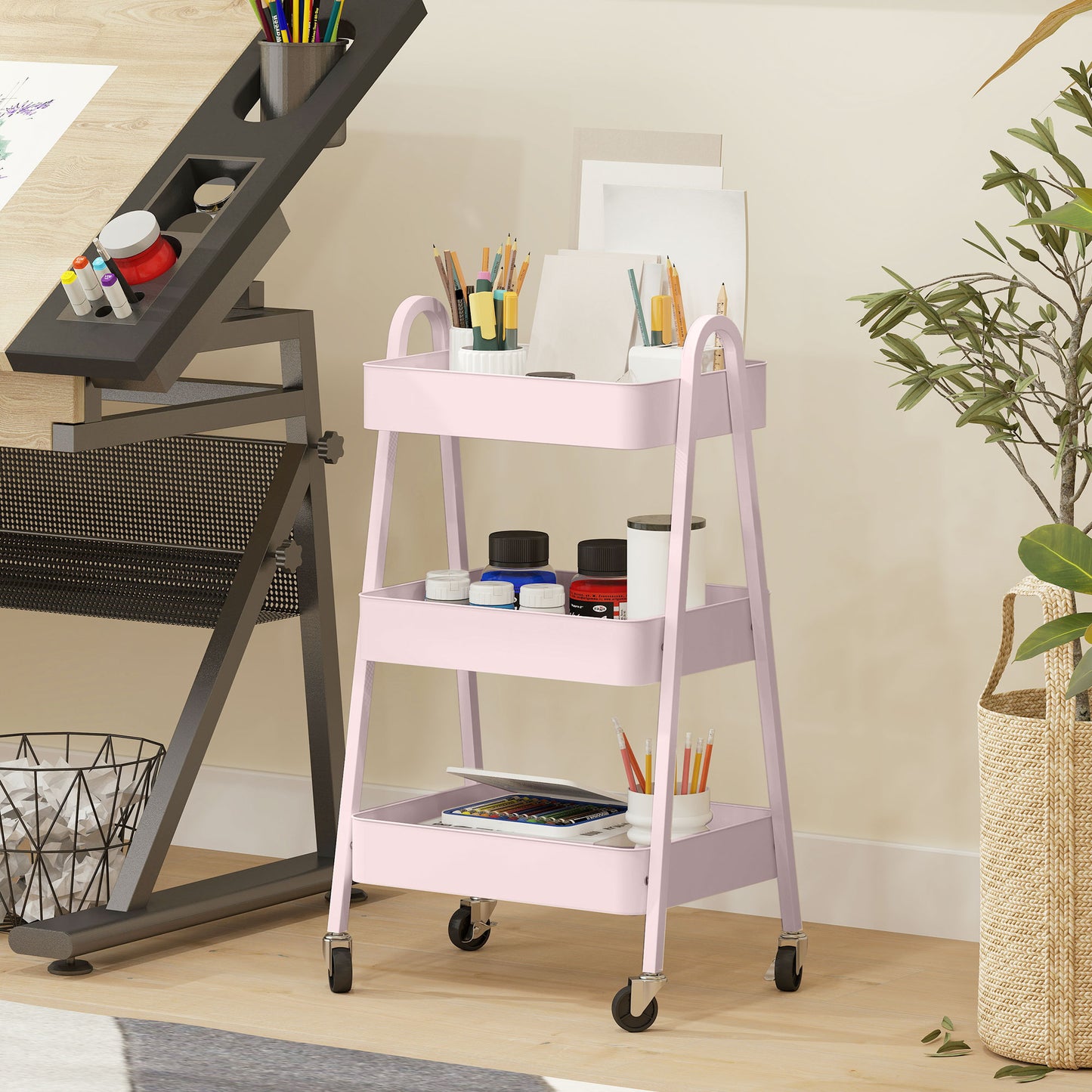 HOMCOM Three Tier Storage Trolley On Wheels Pink with Four Casters and Two Brakes