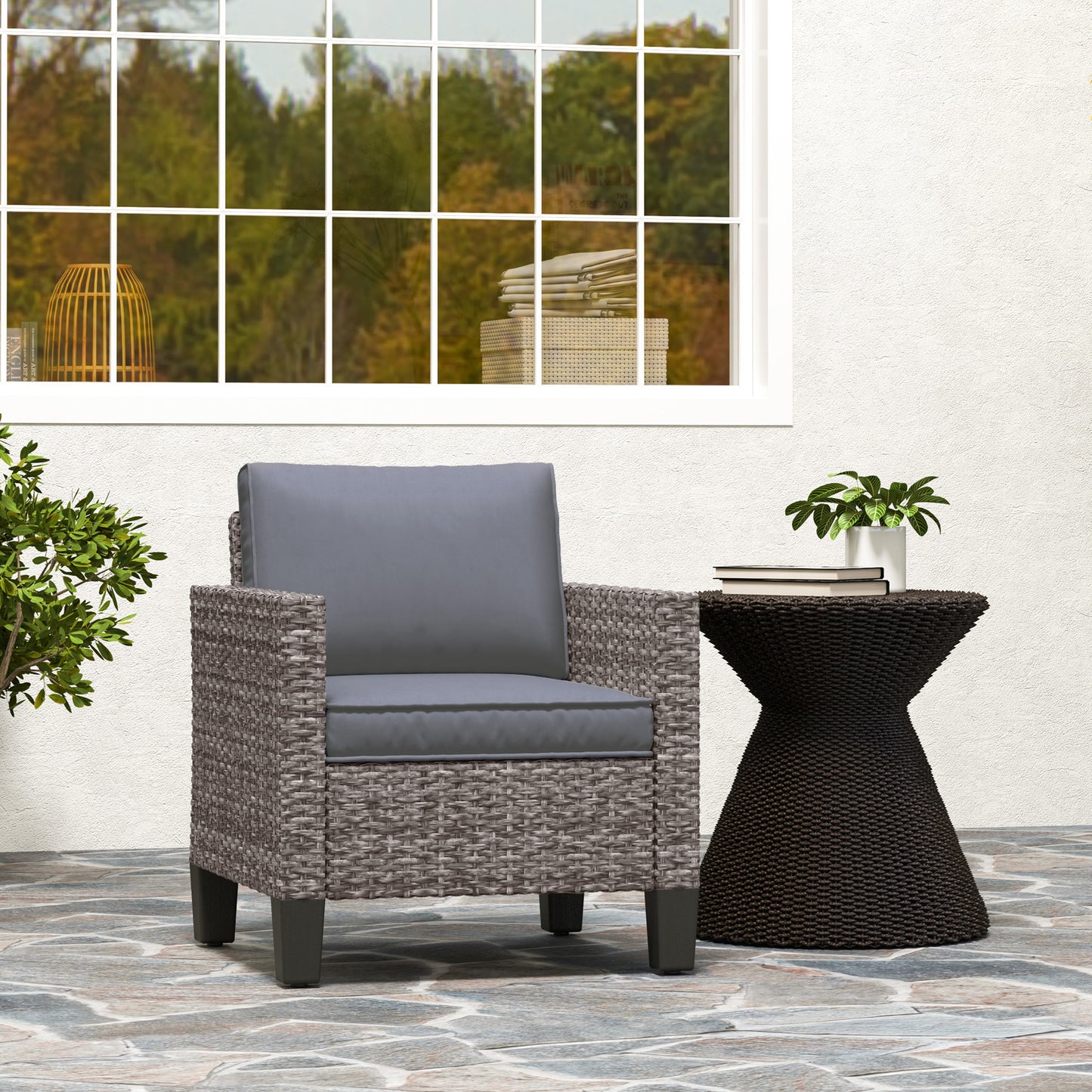 Outsunny Outdoor Single Rattan Armchair With Cushions Mixed Grey For Garden Patio