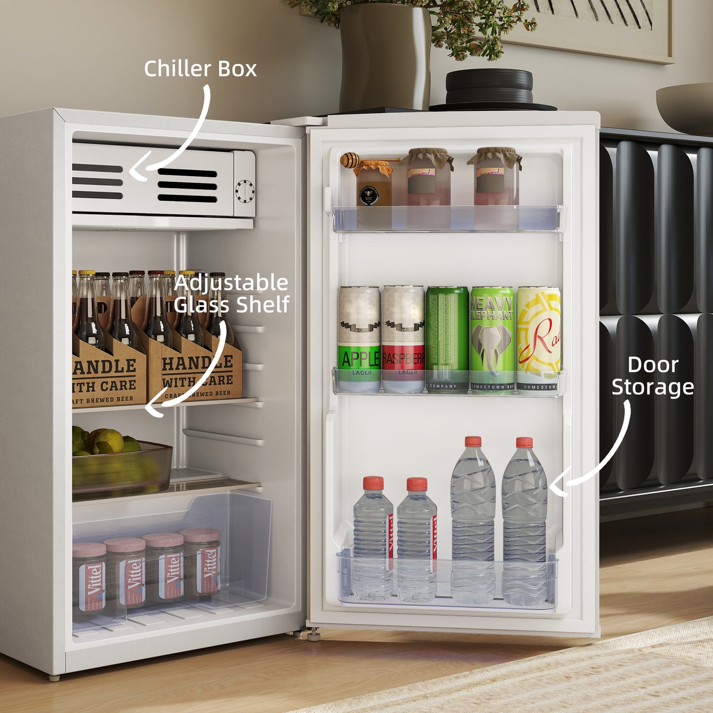 HOMCOM 85L Under Counter Fridge With Chiller Box Small Retro Refrigerator Adjustable Thermostat Glass Shelves White
