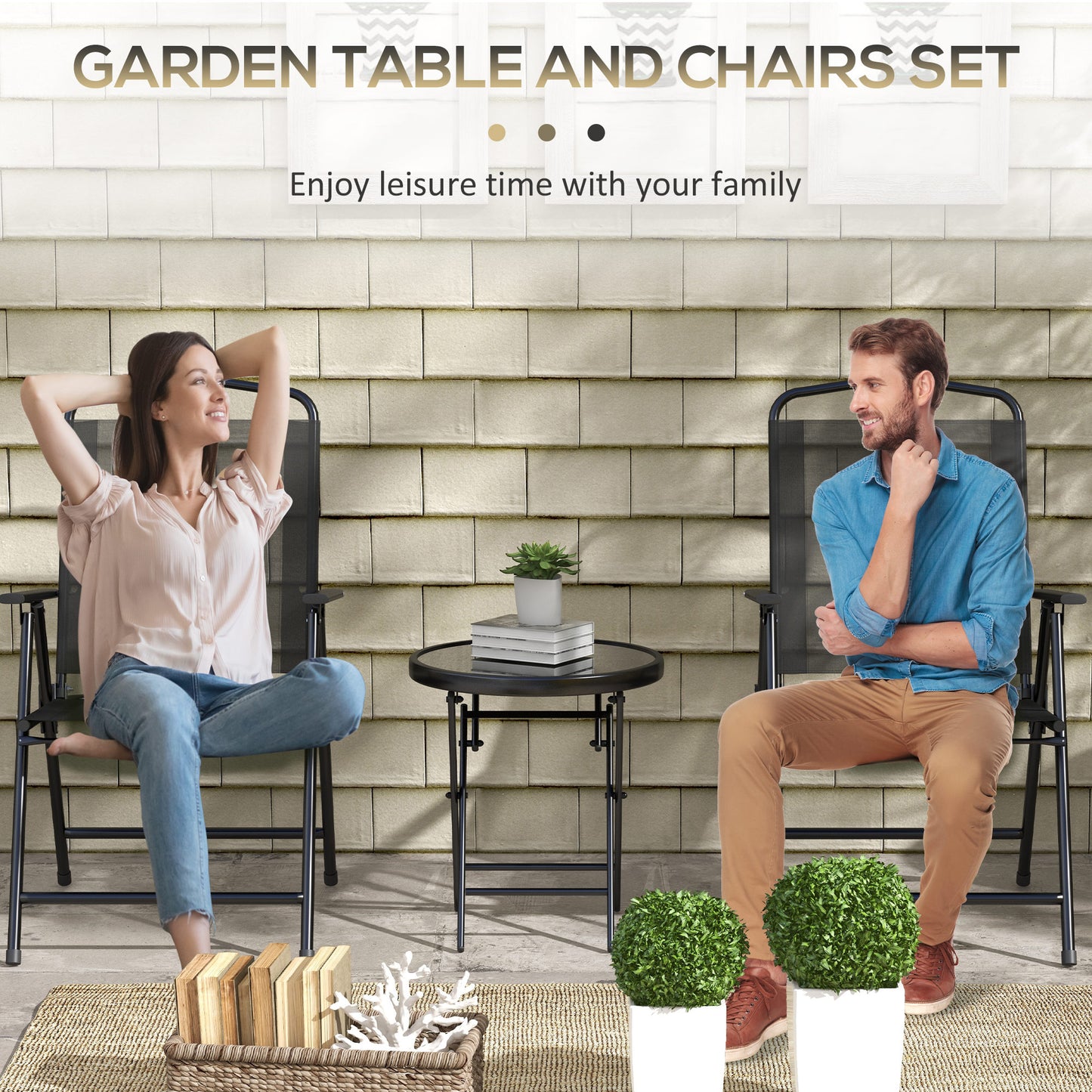 Outsunny Three Piece Foldable Garden Seat Set With Glass Top Table And Chairs Black Powder Coated Metal