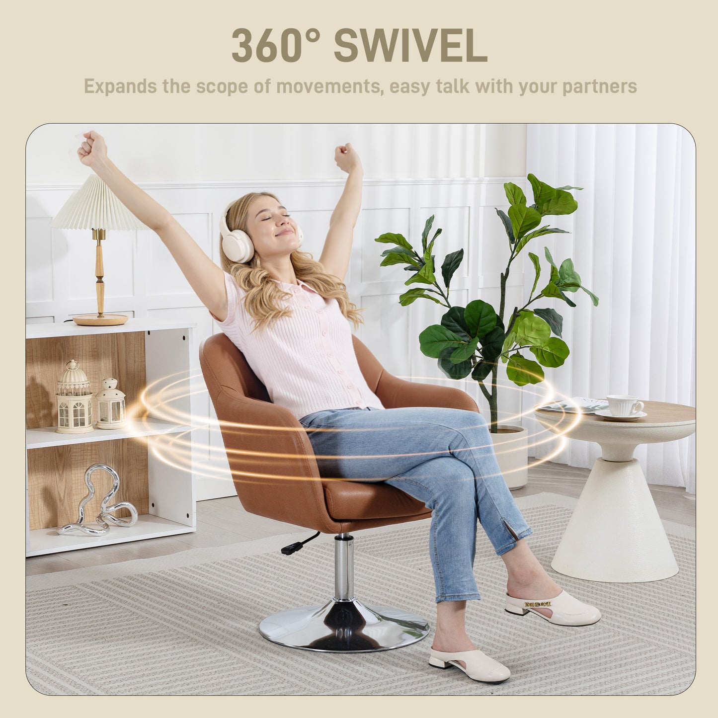 HOMCOM Swivel Tub Chair With Microfiber Upholstery Vanity Style Armchair Adjustable Height And Lumbar Support Brown