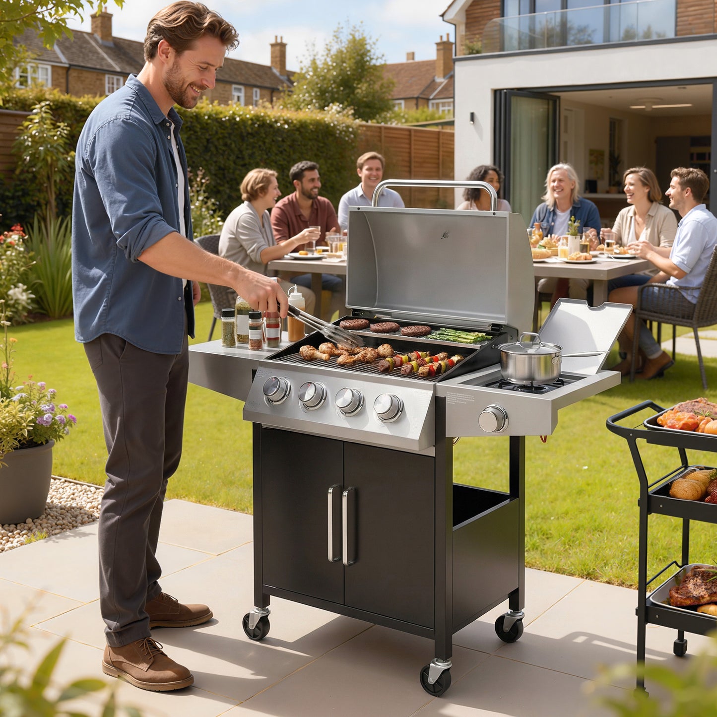 Outsunny Four Burner And One Side Burner Gas BBQ Grill 50000 BTU Steel Portable With Built In Thermometer And Lid