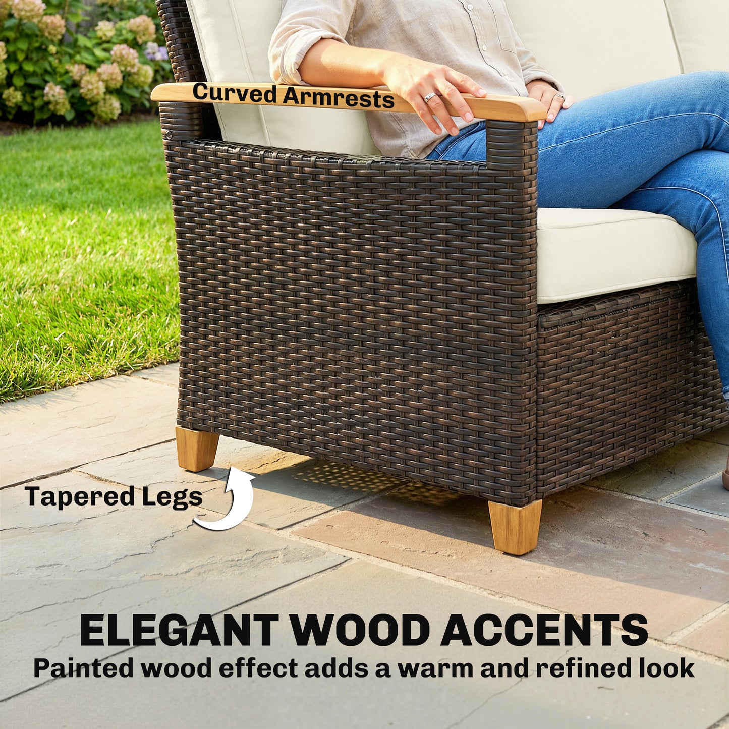 Outsunny 3 Seater Rattan Garden Sofa PE Wicker Outdoor Sofa Wide Deep Seat 4 Inch Cushions Wood Effect Armrests Brown