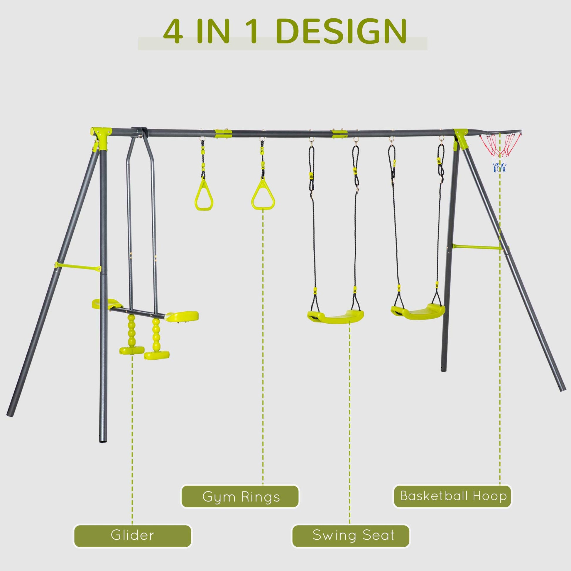 Outsunny Multi-Activity Kids Swing Set with Adjustable Seats, Seesaw, and Basketball Hoop for Outdoor Fun Ages 3-10 - ALL4U RETAILER LTD