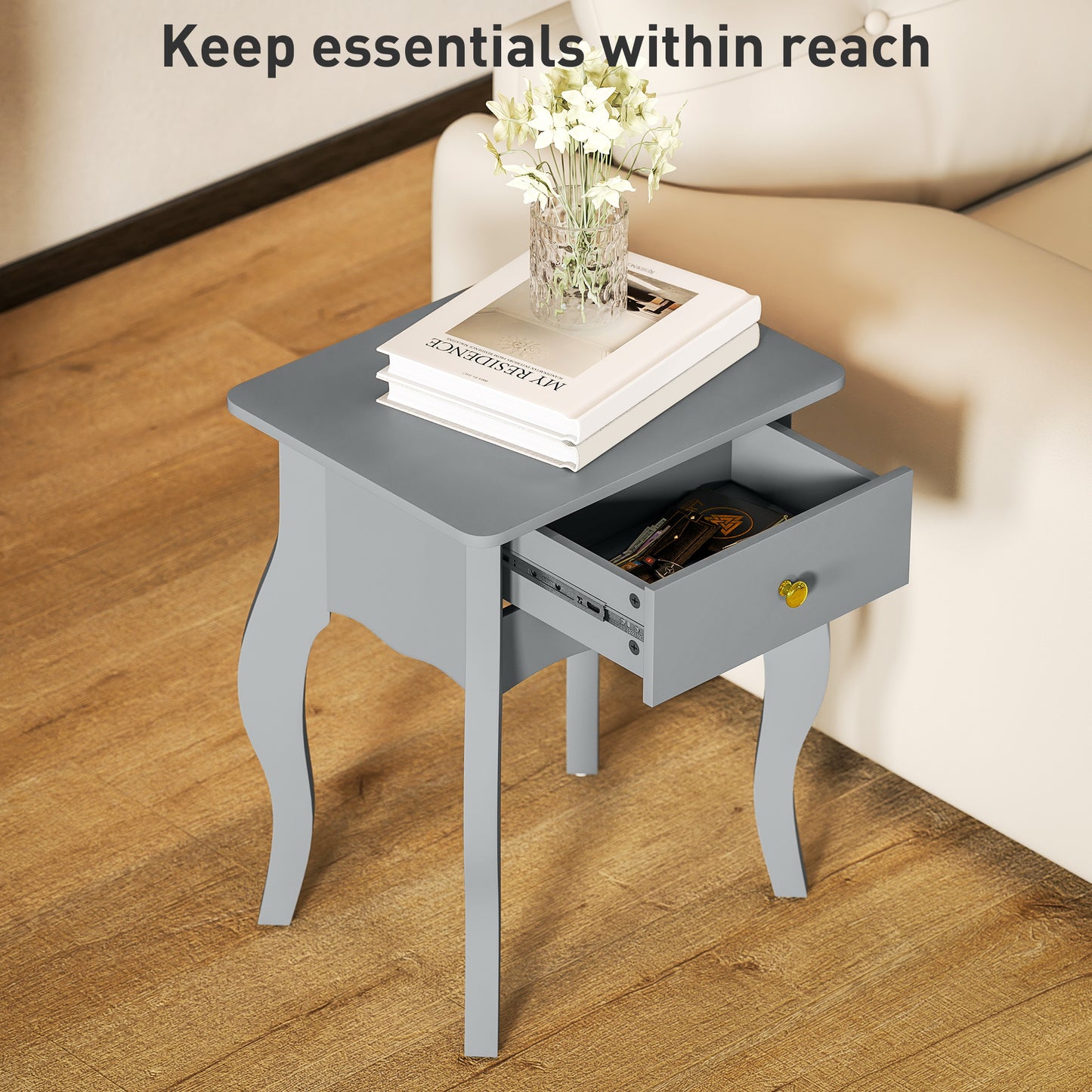 HOMCOM French Style Side Table With Drawer In Grey Curved Silhouette Gold Tone Handle MDF