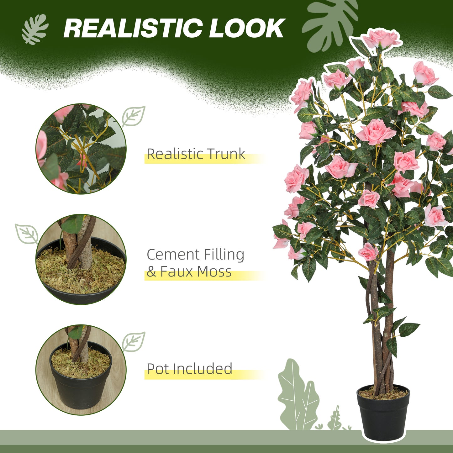 HOMCOM Set Of Two Faux Rose Plants With Pots For Home Decor Realistic Artificial Flowers
