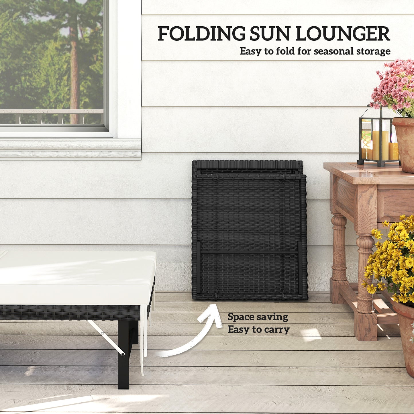 Outsunny Single Folding Rattan Sun Lounger With Cushion Black Outdoor Recliner Seat