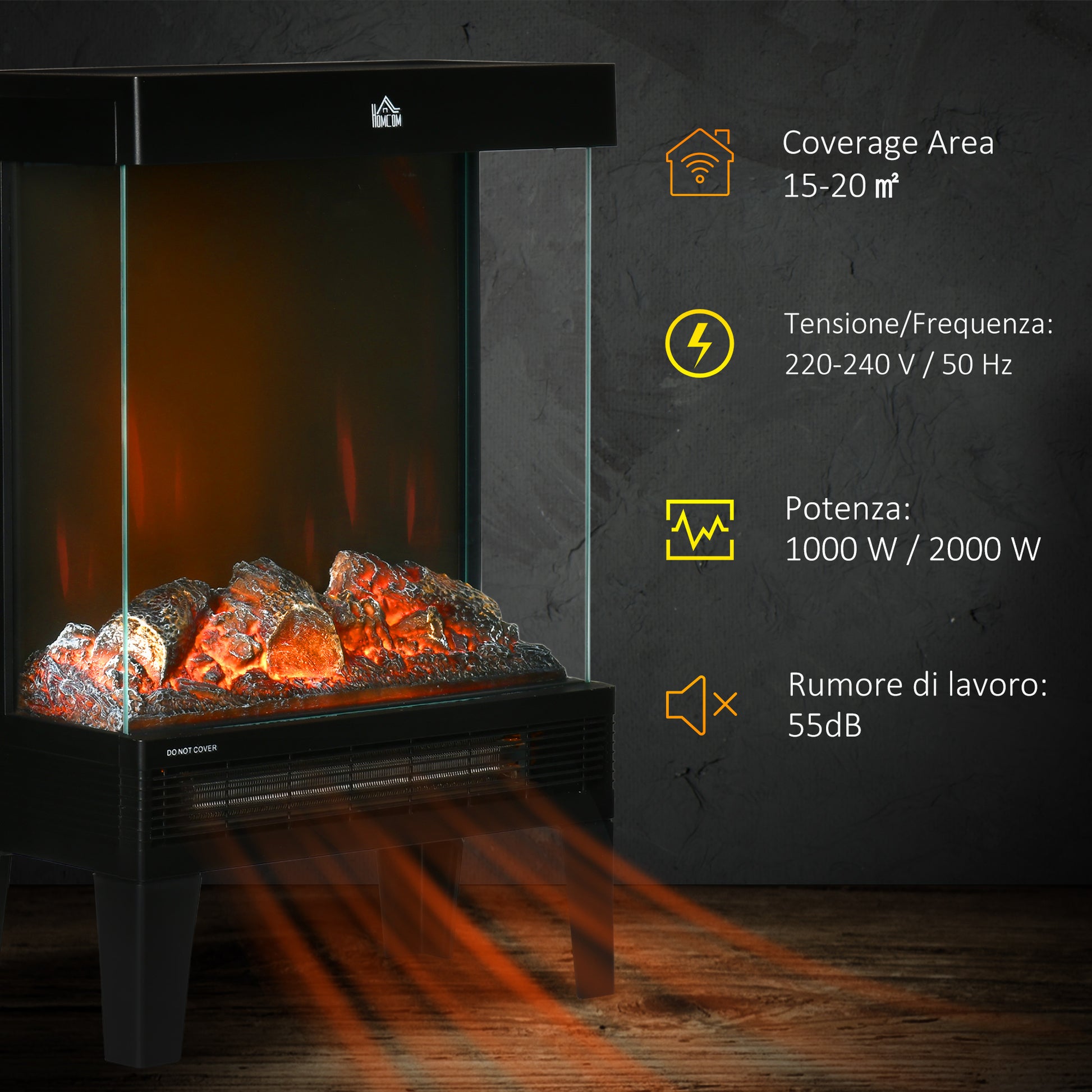 HOMCOM 180° Charming Electric Fireplace Heater, Quiet Freestanding Stove, Black - ALL4U RETAILER LTD