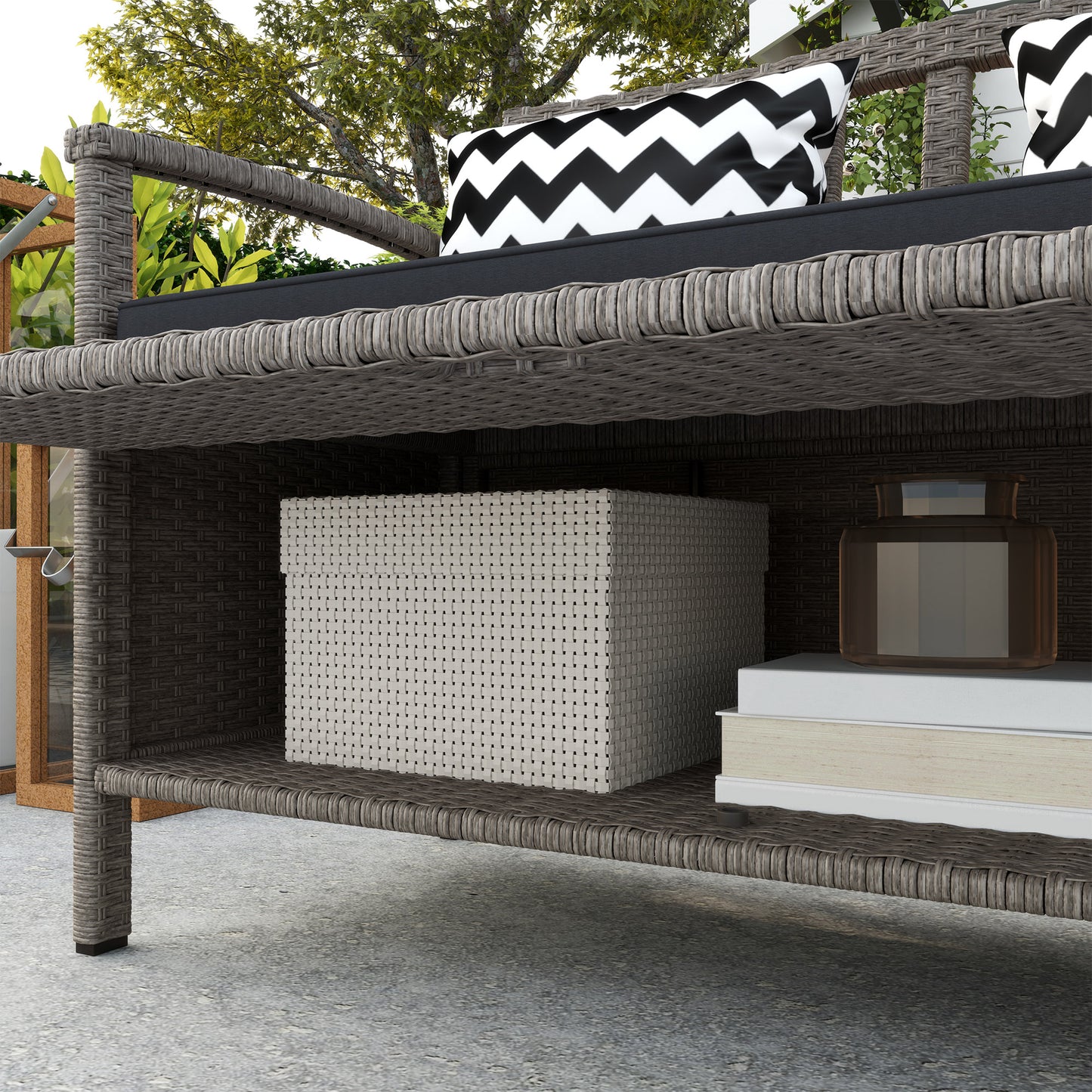 Outsunny 160L Storage Two Seater Rattan Bench Grey Outdoor Garden Patio Furniture With Under Seat Storage