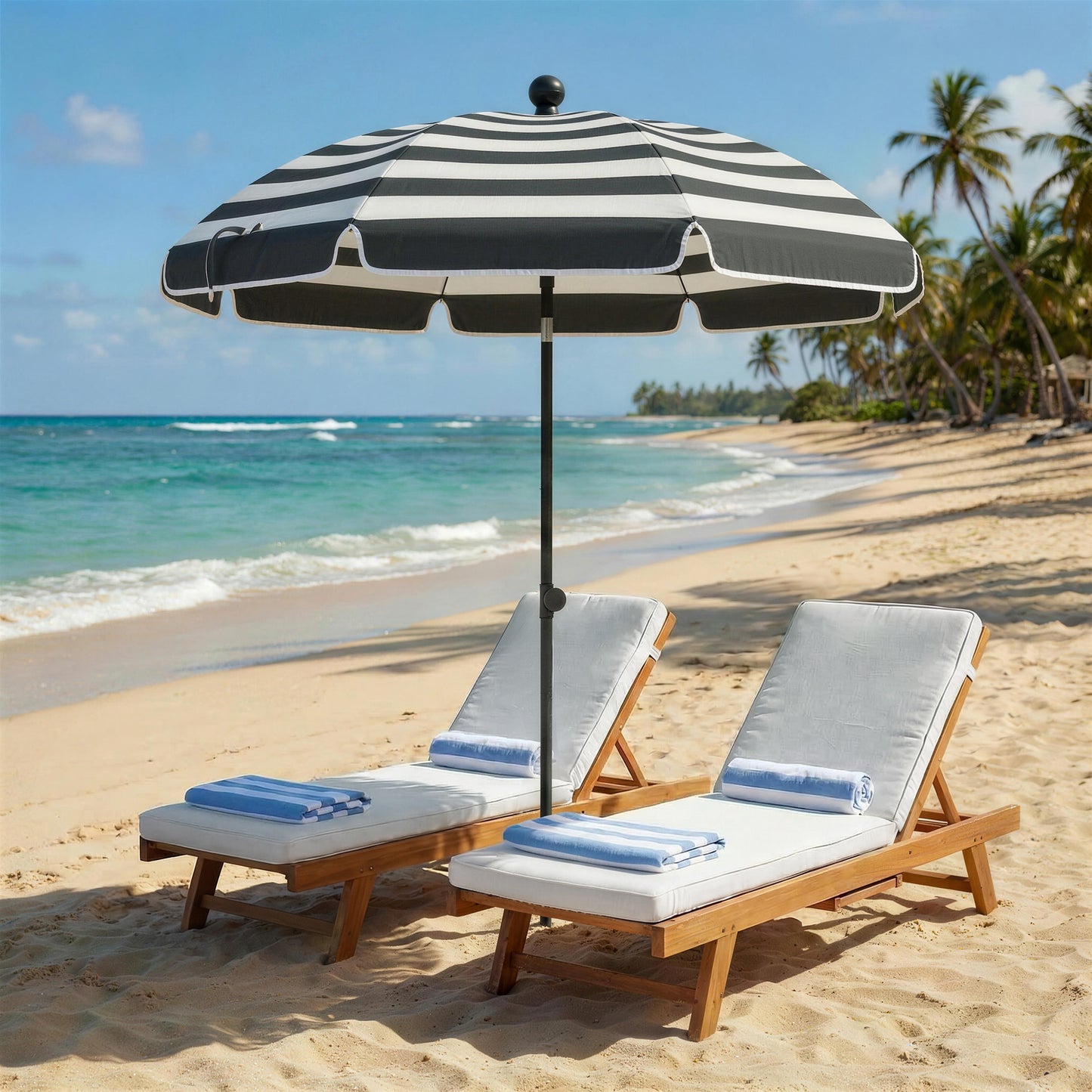 Outsunny 1.8m Beach Umbrella Parasol With Sand Anchor Tilting 30 Degree Canopy Adjustable Height Grey White