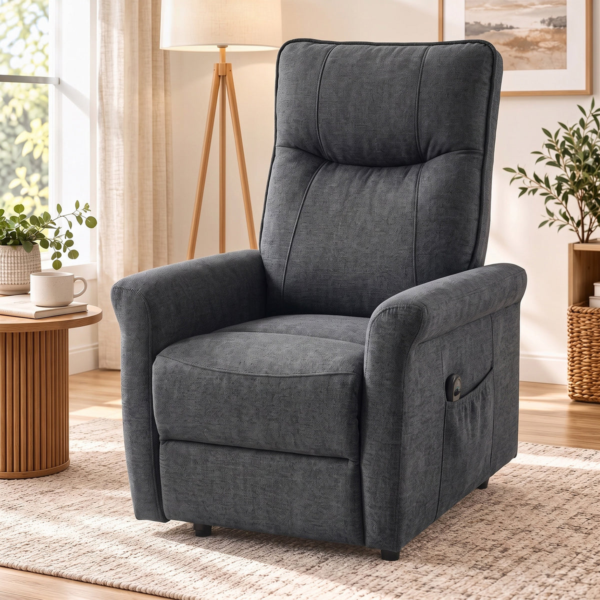 Dark grey chenille electric power lift recliner chair with tall back and wide arms