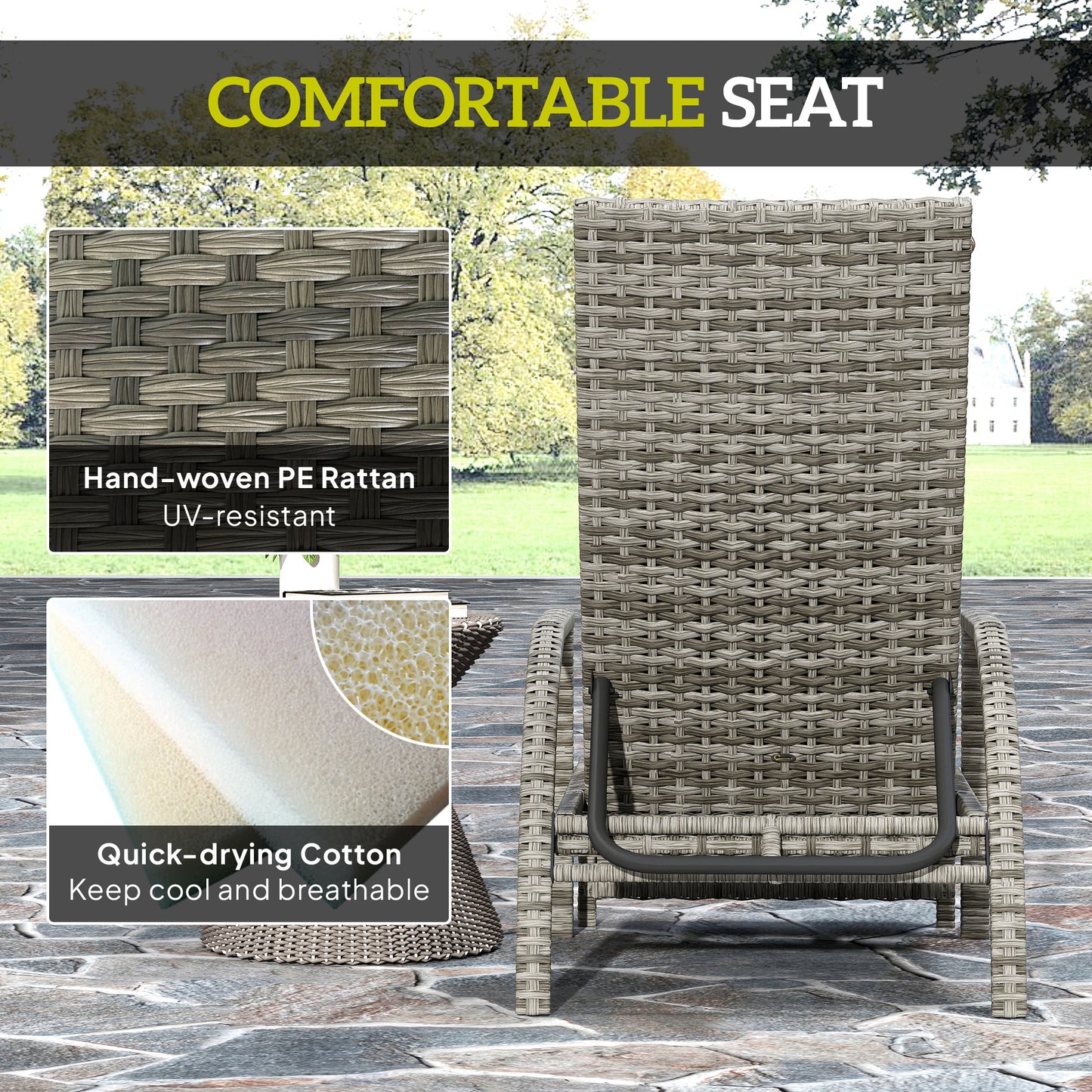 Outsunny Grey Reclining Rattan Lounger With Extending Footrest And Adjustable Back In Four Positions