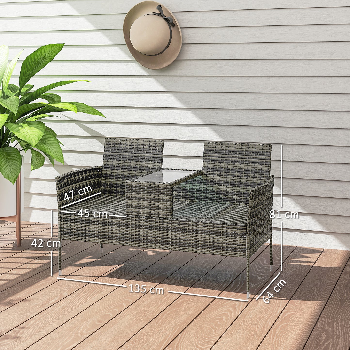 Outsunny Two Seat Rattan Chair With Middle Table Outdoor Patio Set Charcoal Grey Tempered Glass Top