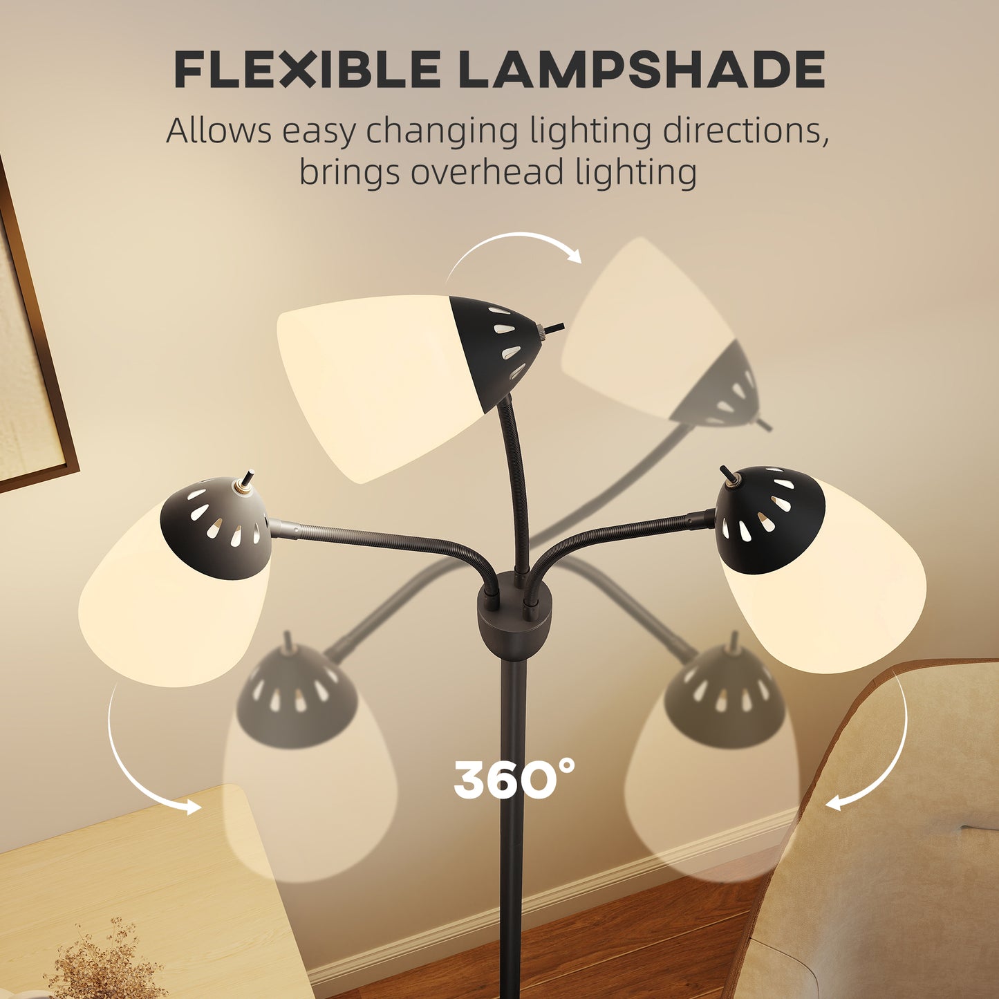 HOMCOM Arc Tree Floor Lamp With 3 Adjustable Lights And 3000K 4500K 6500K Color Temperatures 155cm Tall Black Steel Frame