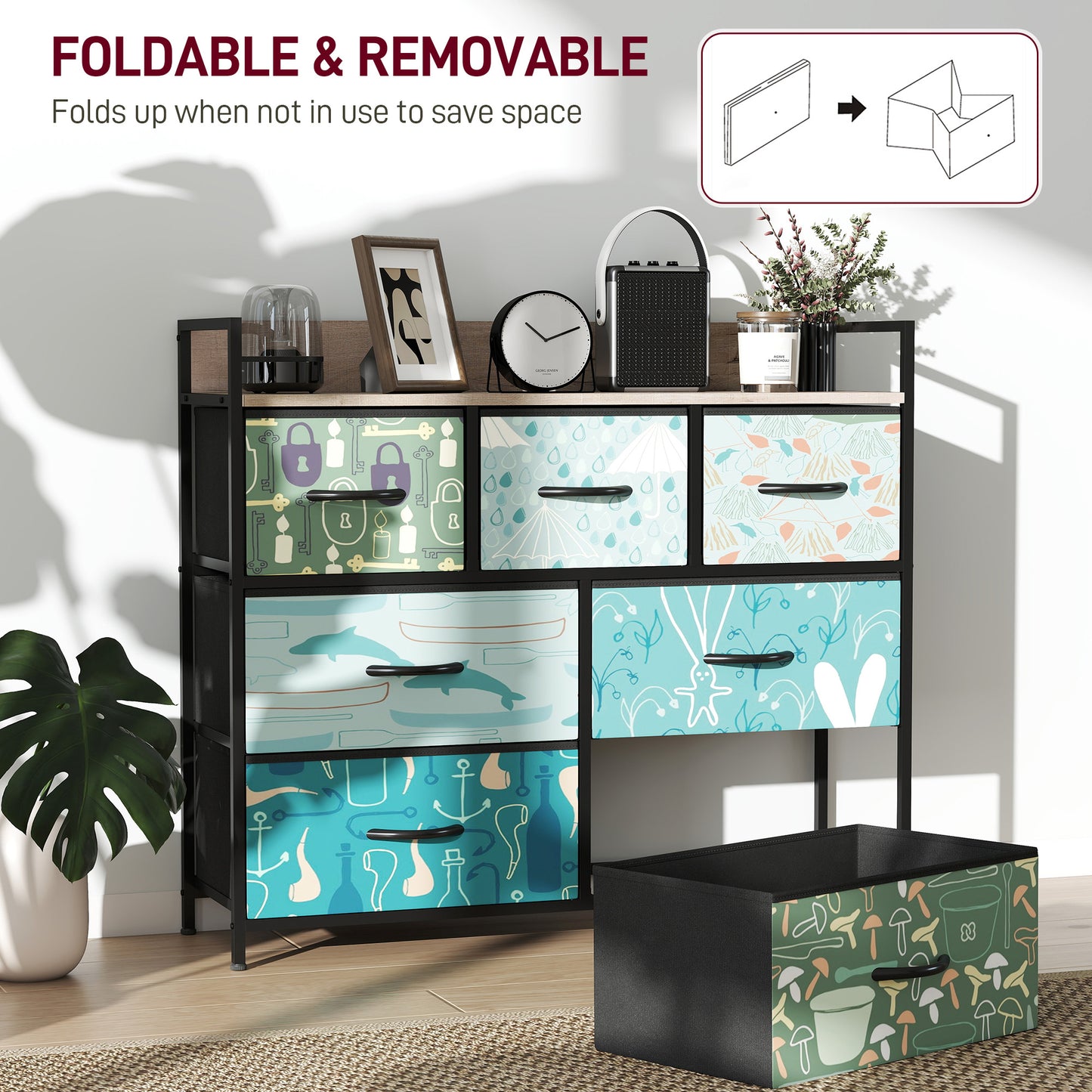 HOMCOM 7 Drawer Chest Of Drawers Blue With Removable Foldable Fabric Drawers And Patterned Panels