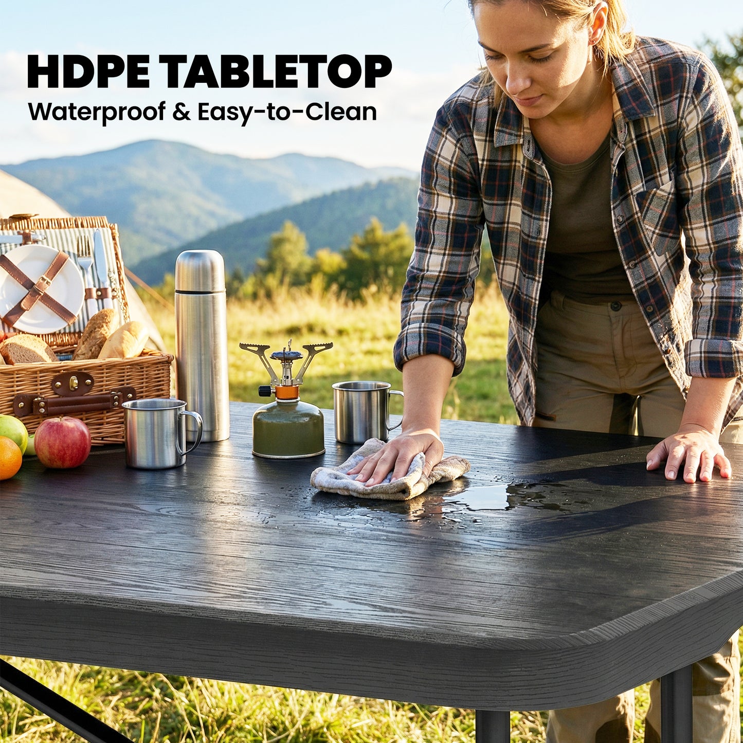 Outsunny 5 Piece 6ft Foldable Table and Chairs Portable Picnic Set Waterproof Top and Steel Frame Black