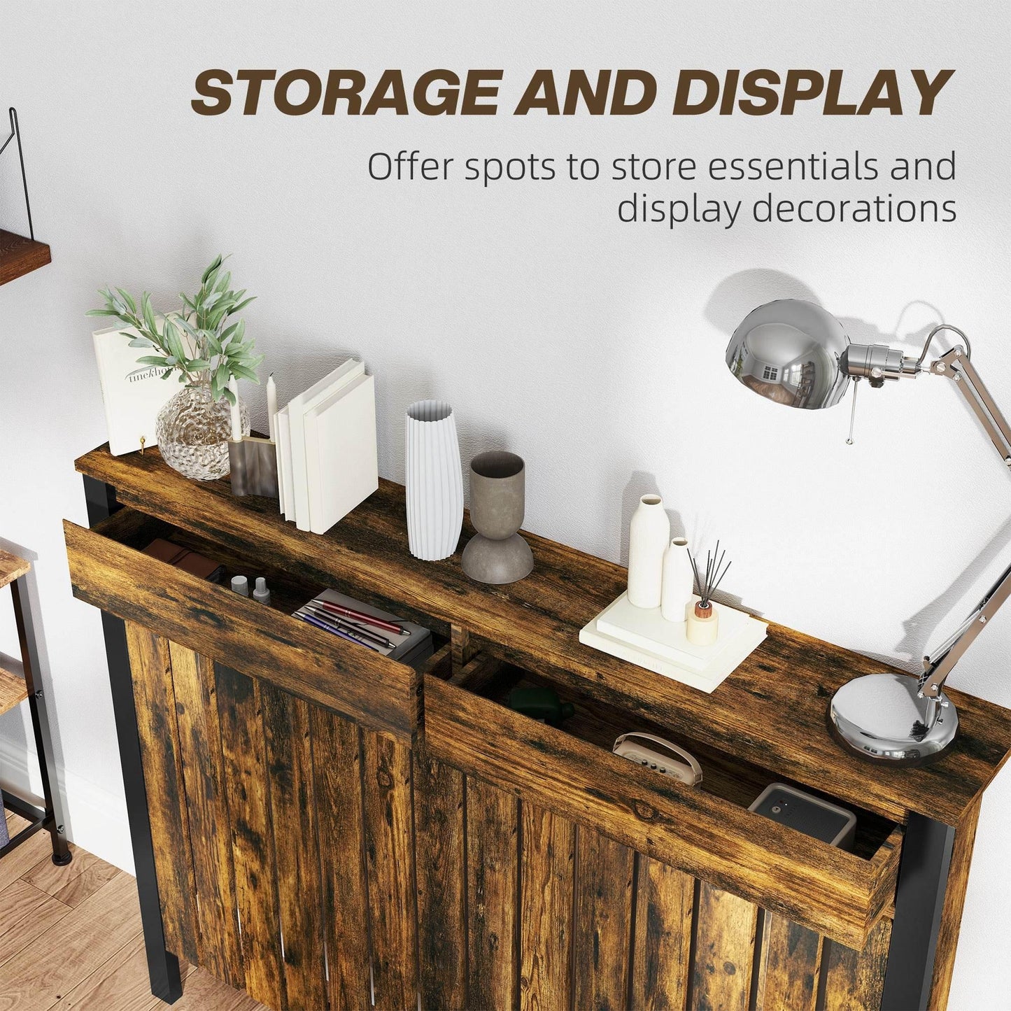 HOMCOM Industrial-Style Wooden Radiator Cover with Storage Drawers - Brown/Black - ALL4U RETAILER LTD