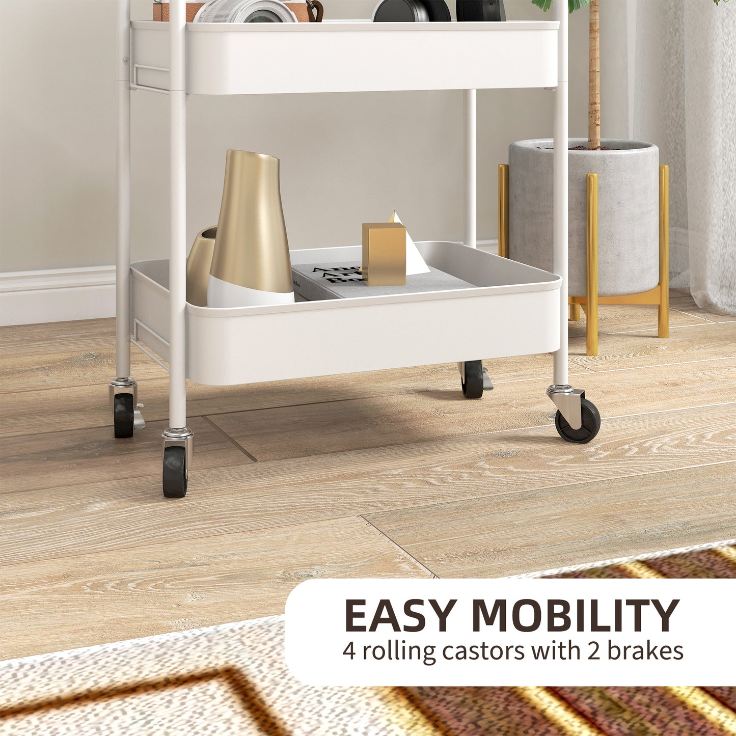 HOMCOM Three Tier Steel Storage Trolley White Rolling Cart With Small Medium Large Baskets Home Organization