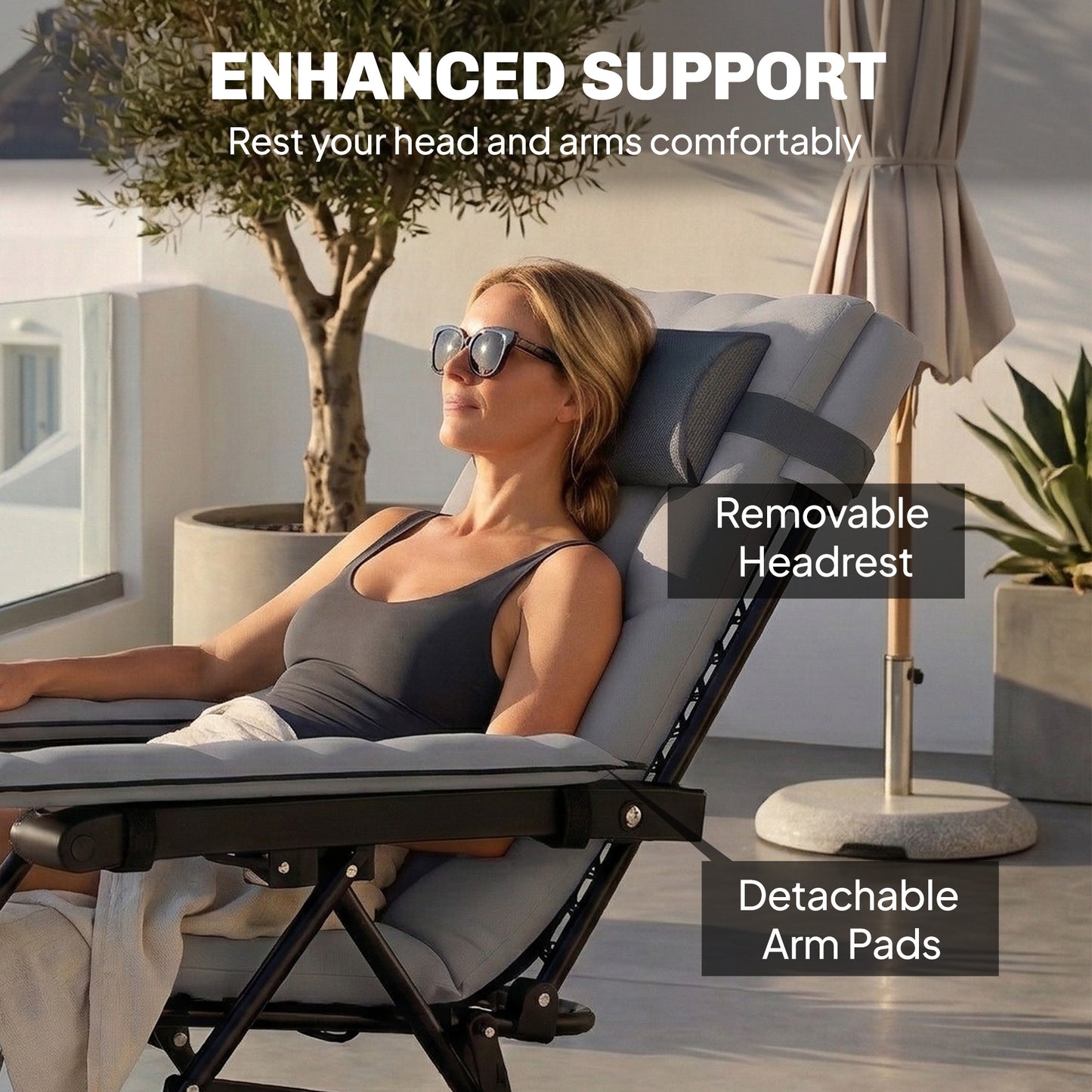 Outsunny Zero Gravity Folding Sun Lounger Recliner With Arm Pads Cushion Cup Holder Headrest Light Grey