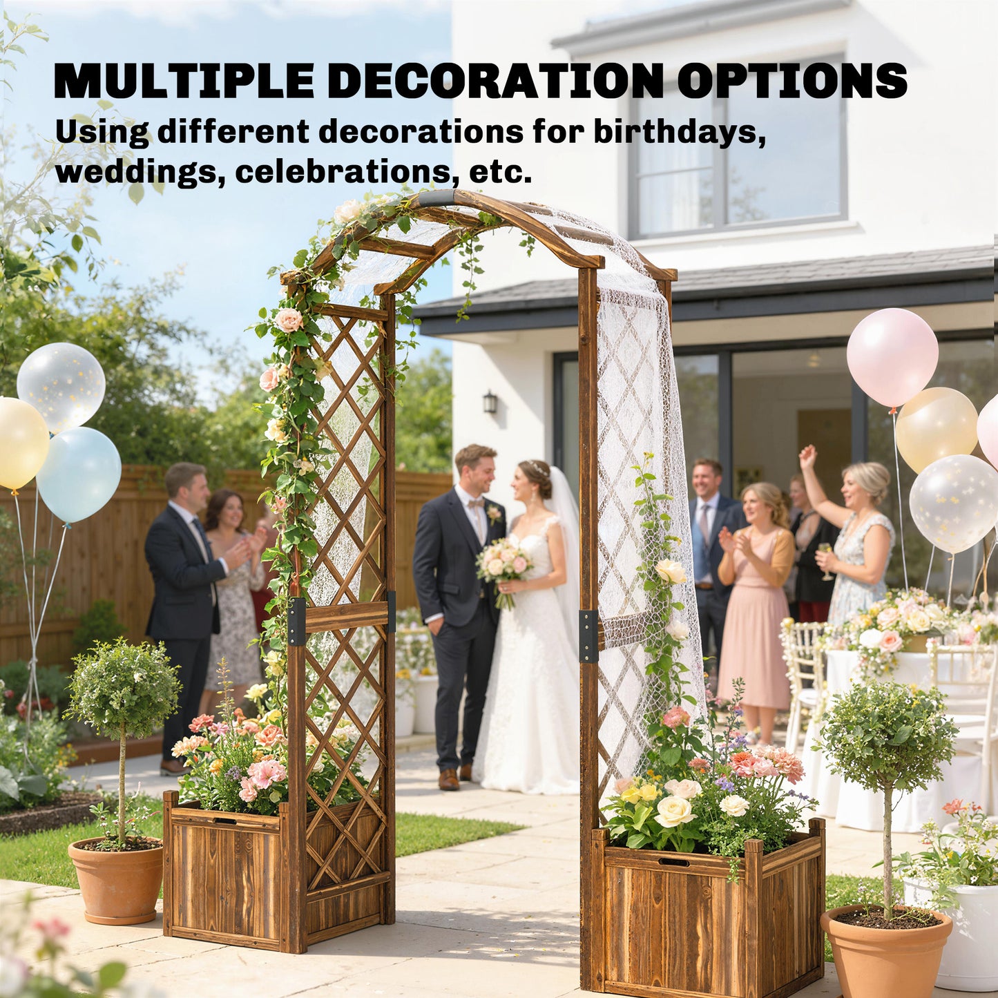 Outsunny Wooden Garden Arch With Two Planter Boxes Outdoor Rose Arch Trellis For Climbing Vines Carbonised Finish