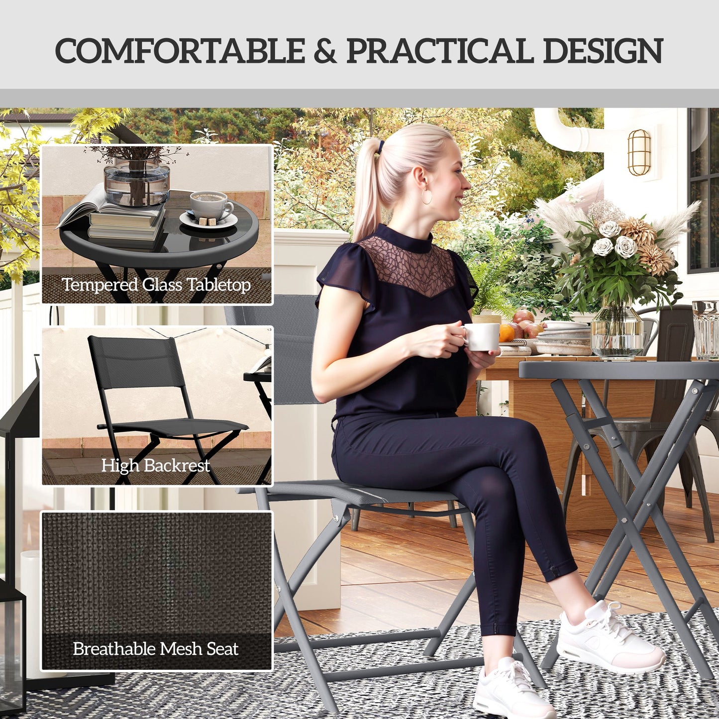 Outsunny 3 Piece Outdoor Bistro Set With Glass Top Table And Two Folding Chairs Protective Feet Black