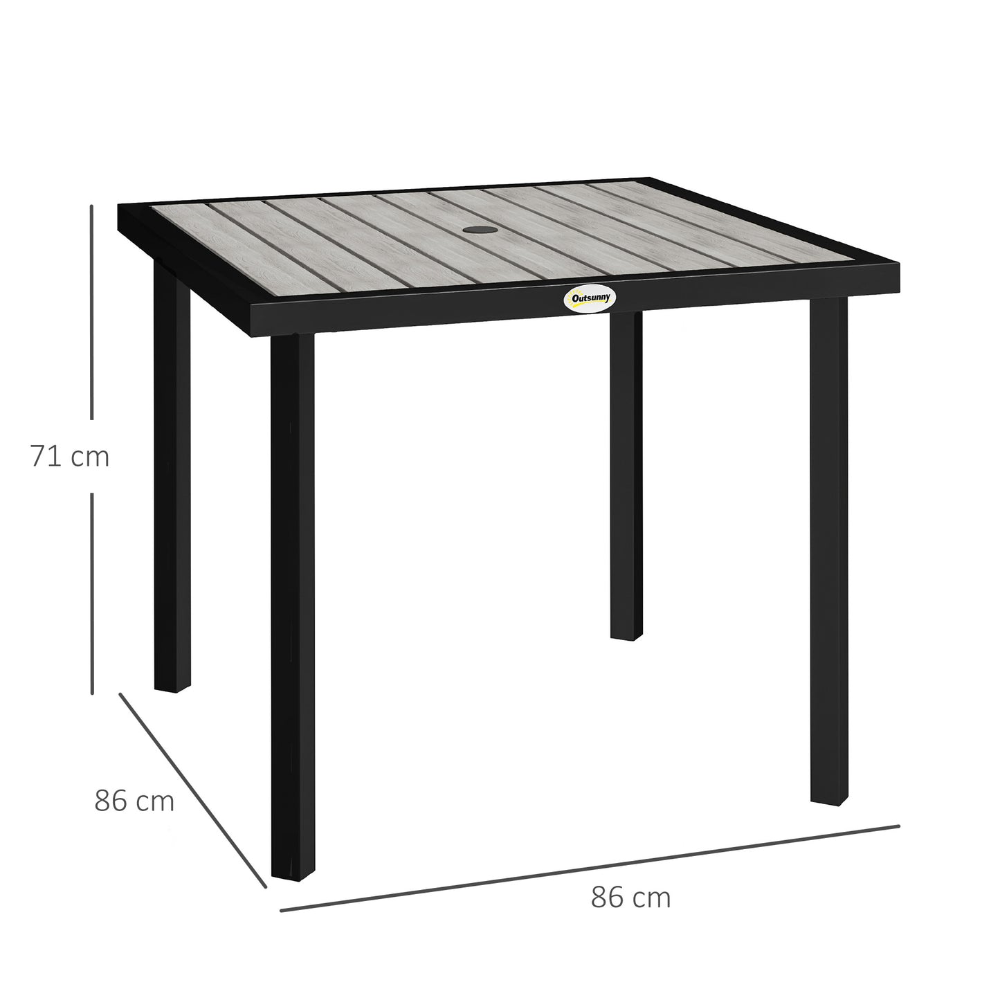 Outsunny Square Outdoor Garden Dining Table With Parasol Hole 54mm Slatted Top Metal Frame 86x86x71 Cm Light Grey