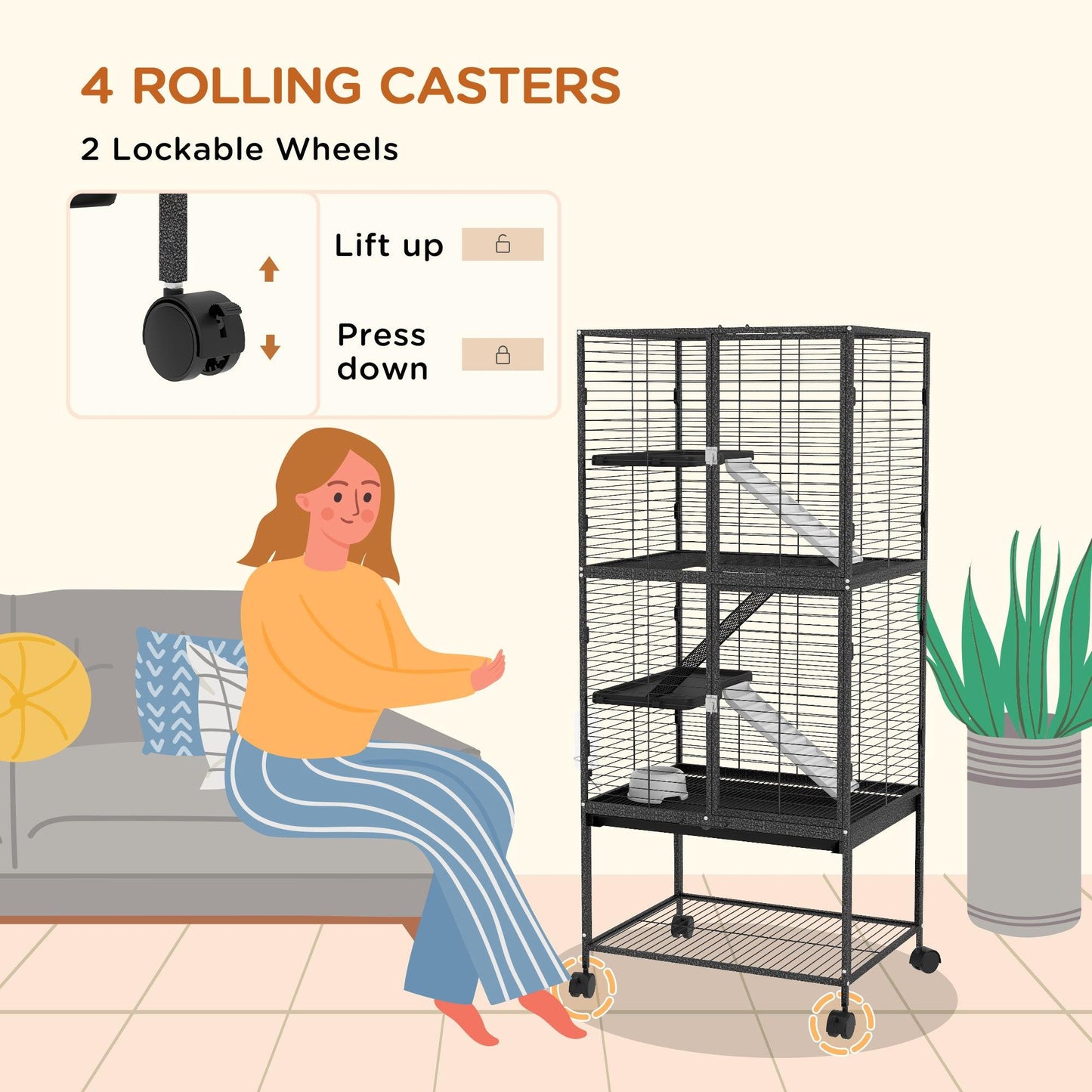 PawHut Rolling Chinchilla Cage, Small Animal Cage for Ferrets w/ Three Doors, Storage, Shelf, Tray Tray, Bowl, Water Bottle - ALL4U RETAILER LTD