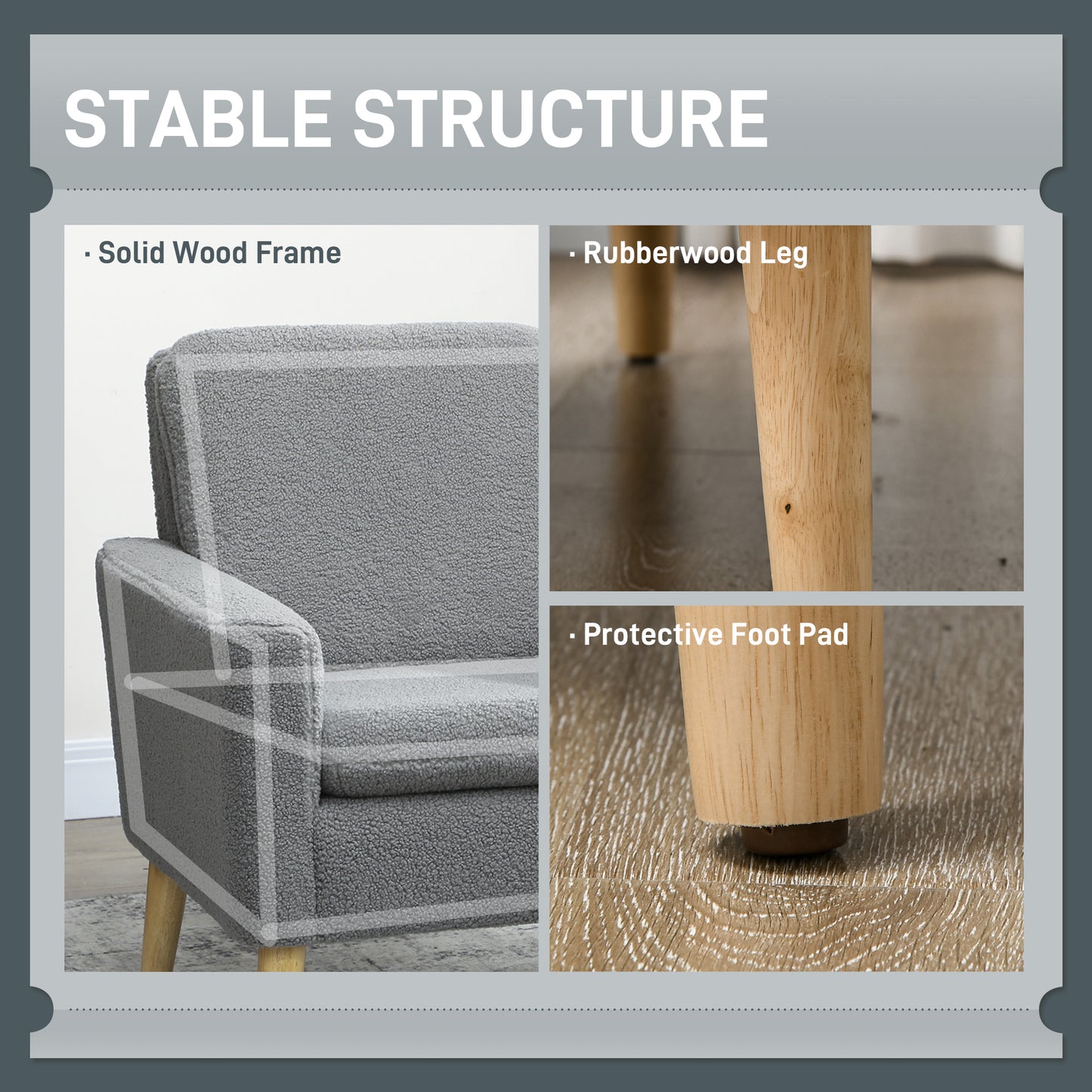 HOMCOM Teddy Fabric Armchair With Wood Legs Wide Padded Seat Upholstered Accent Chair In Grey