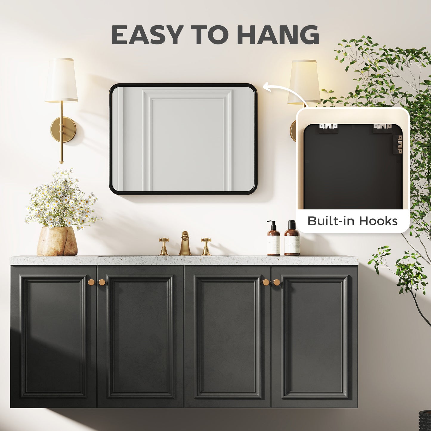 Homcom Rectangular Wall Mirror With HD Glass Black Metal Frame Dual Hanging Options Warp Free Backboard