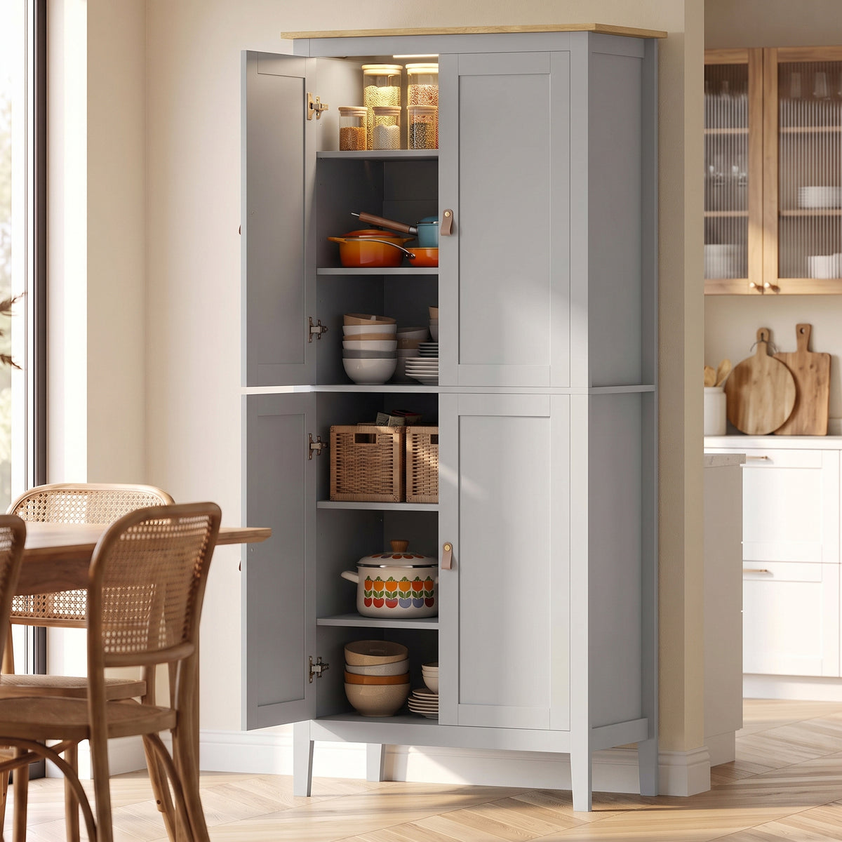 Grey pantry cupboard with open doors and stacked shelves holding dishes and pantry items