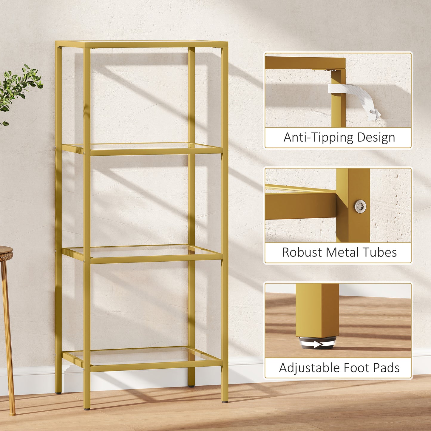 HOMCOM 4 Tier Glass Shelving Unit Gold Tone Vertical Storage for Living Room Home Office Bedroom Bathroom