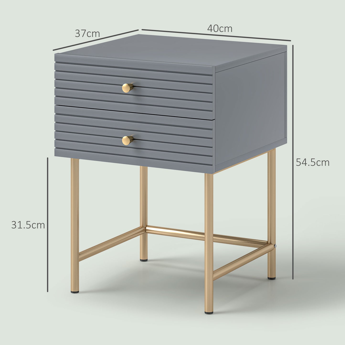HOMCOM Set Of Two Elegant Bedside Tables With Grey Boxy Frames And Gold Tone Accents Having Two Drawers