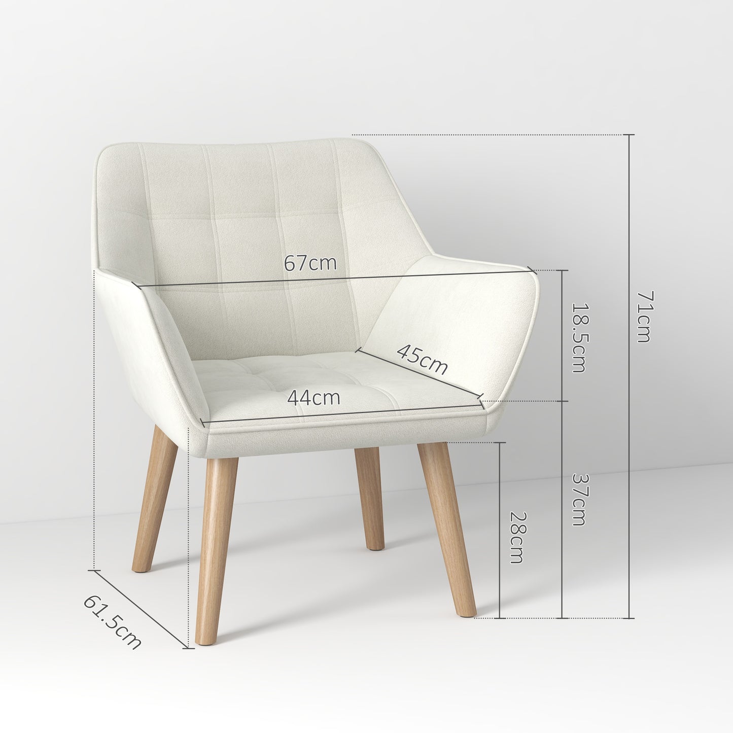 HOMCOM Accent Chair With Wide Arms And Slanted Back Thick Padding Rubber Wood Legs Cream White Living Room