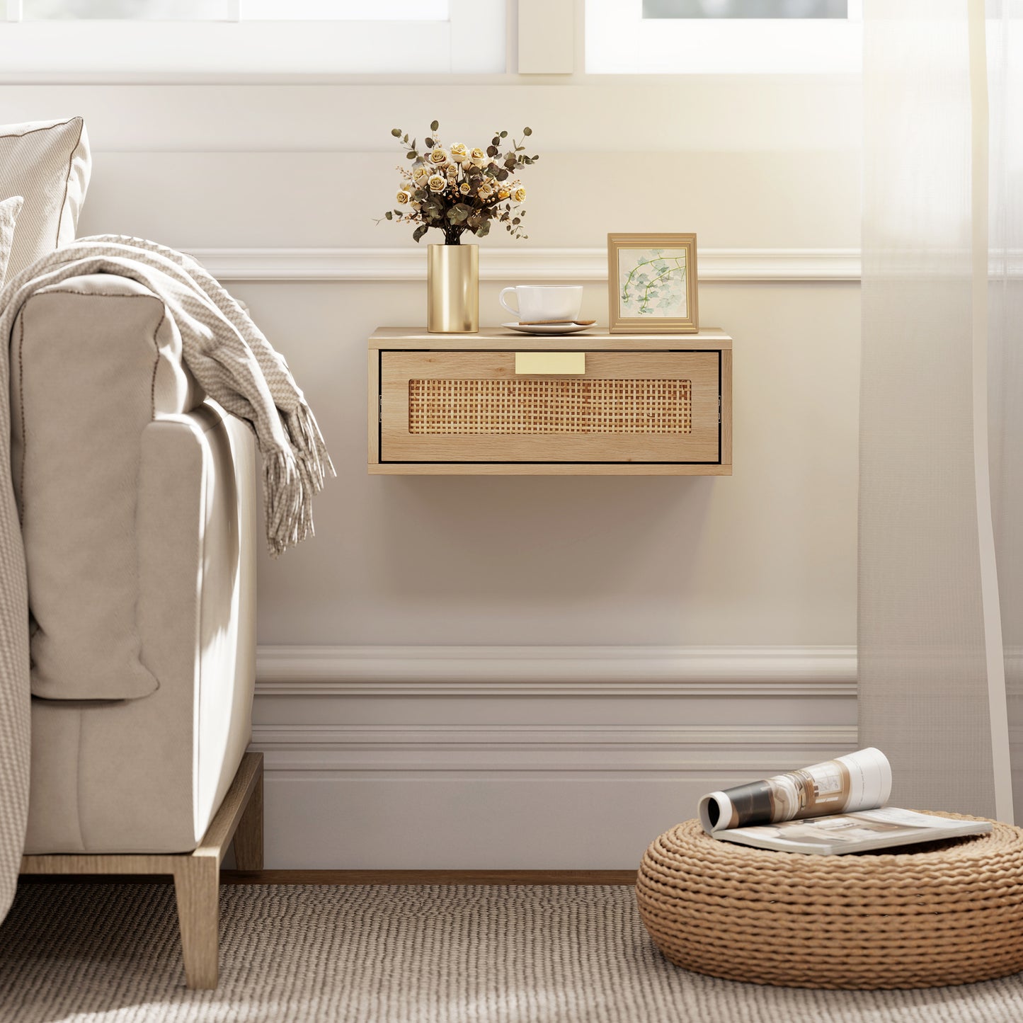 HOMCOM Floating Bedside Tables Set Of 2 Wall Mounted Cabinets With Rattan Drawer And Oak Wood Effect