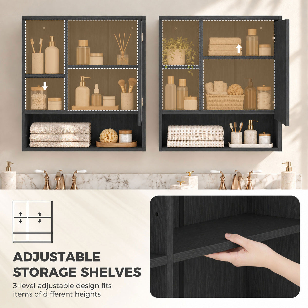 Black bathroom mirror cabinet with adjustable shelves and interior storage layout