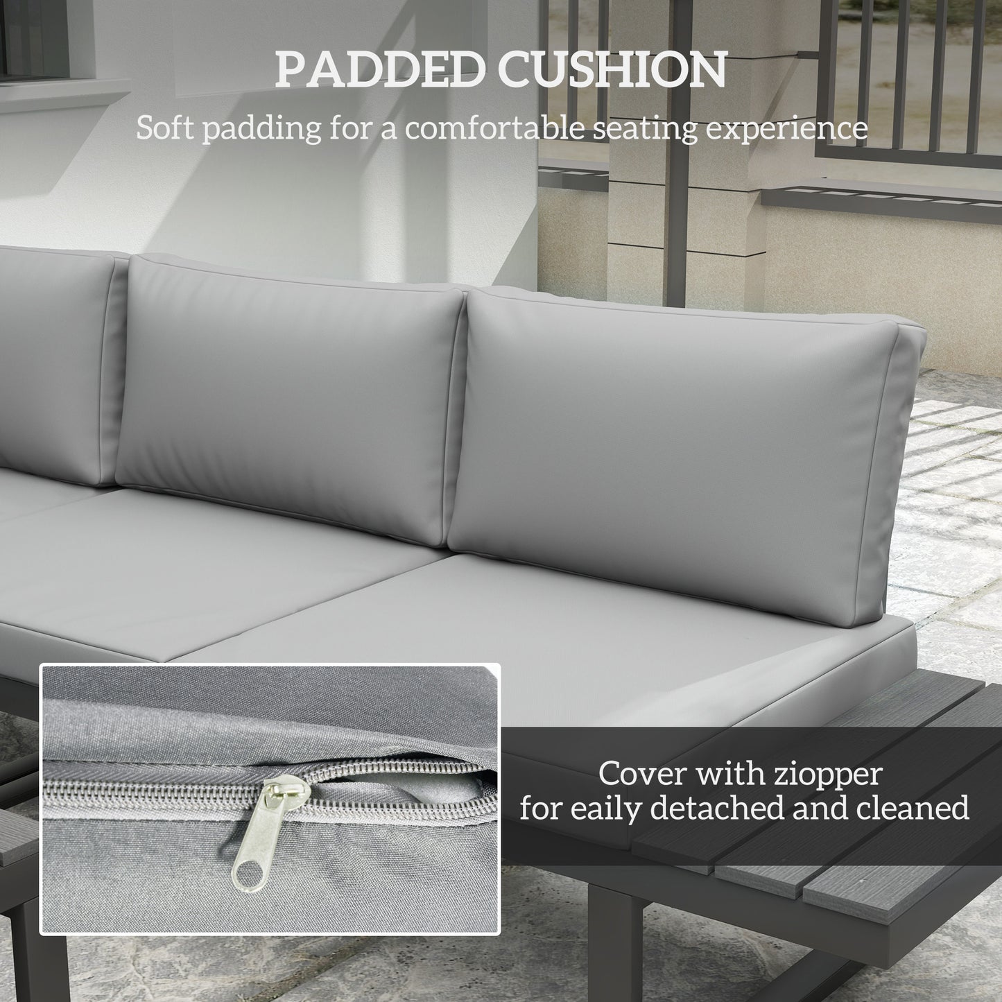 Outsunny 4 Piece Set With 5 Level Reclining Corner Sofa Cushions Wood Effect Table Black Frame Light Grey