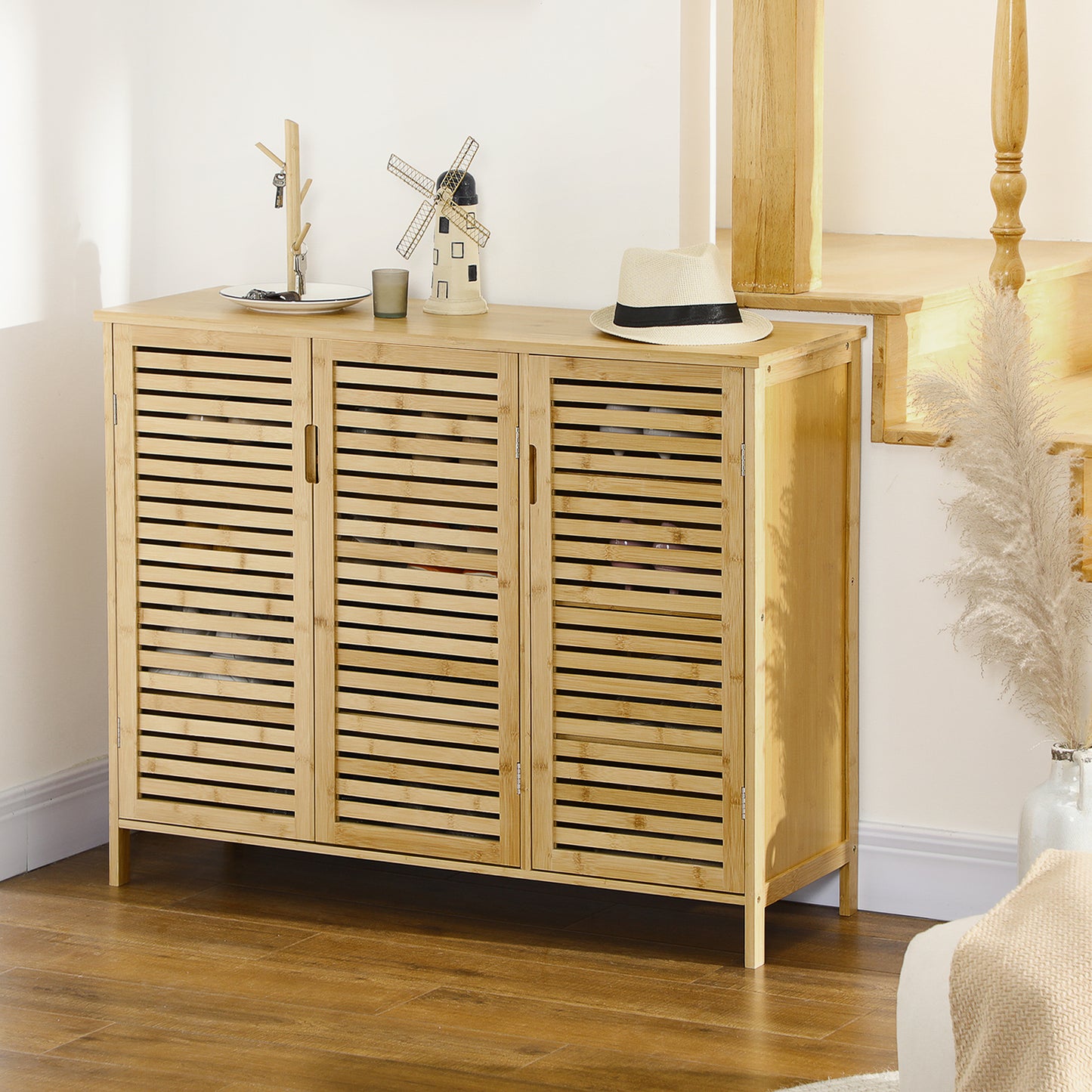 HOMCOM Rustic Shoe Cabinet 3 Door Storage with 8 Shelves Adjustable Upper and Lower Shelves Natural Wood Finish