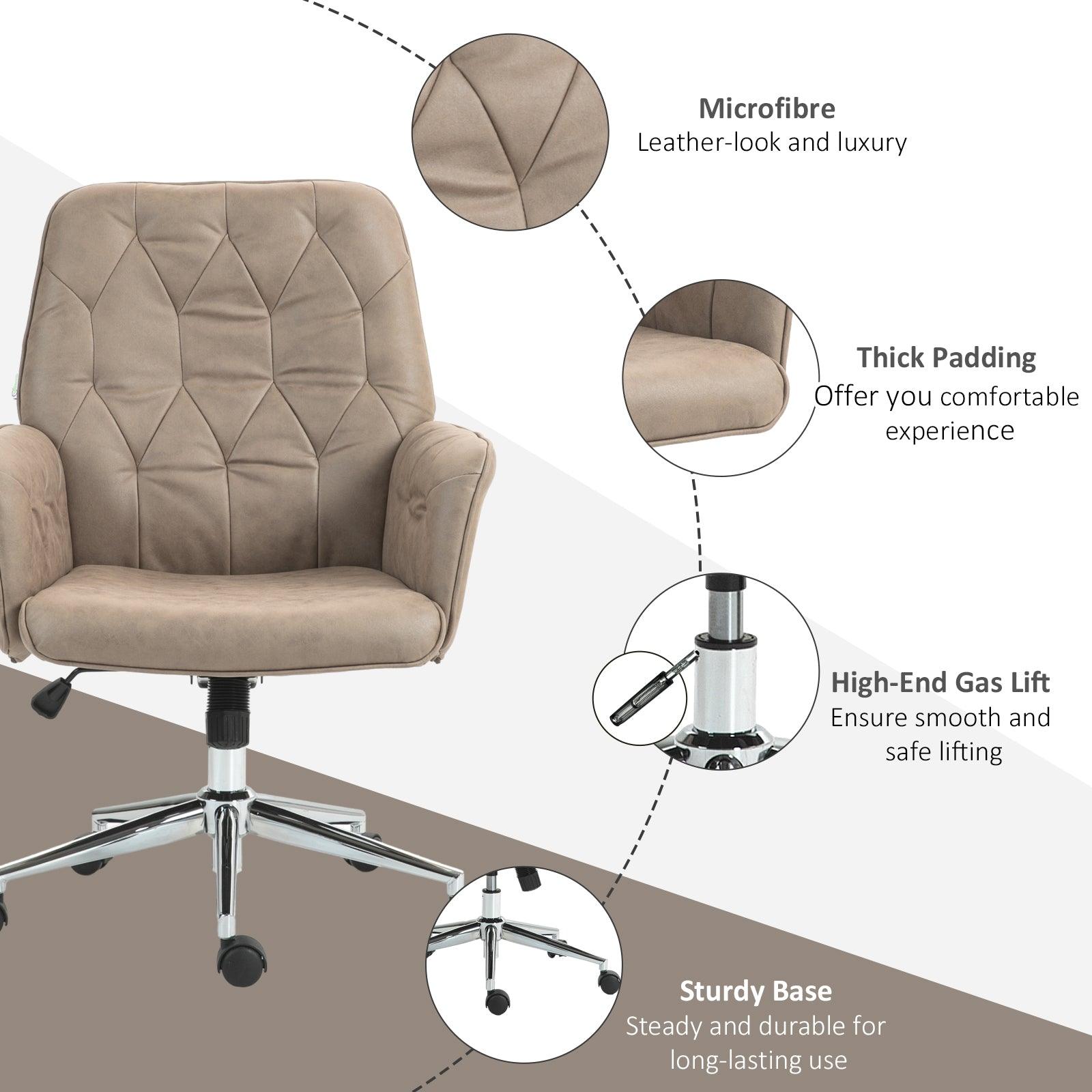 Vinsetto Microfibre Computer Chair with Armrest, Modern Swivel Chair with Adjustable Height, Khaki - ALL4U RETAILER LTD