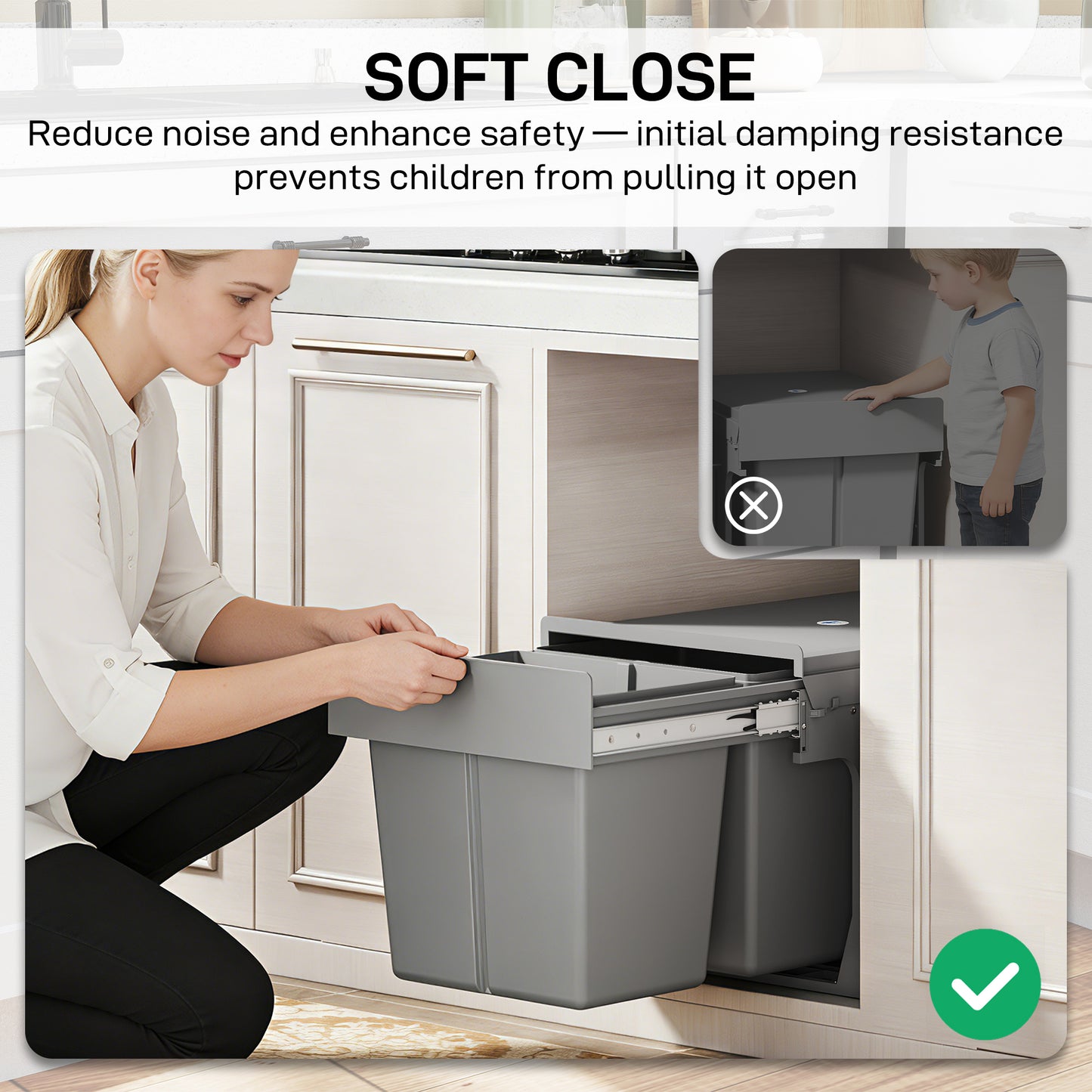 HOMCOM Under Sink Pull Out Bin With Dual 15L Compartments For 400mm Cabinets Light Grey Soft Close